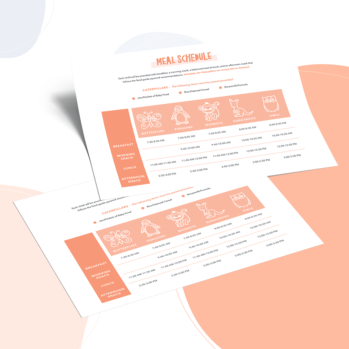 Precious Angels meal schedule handout design.