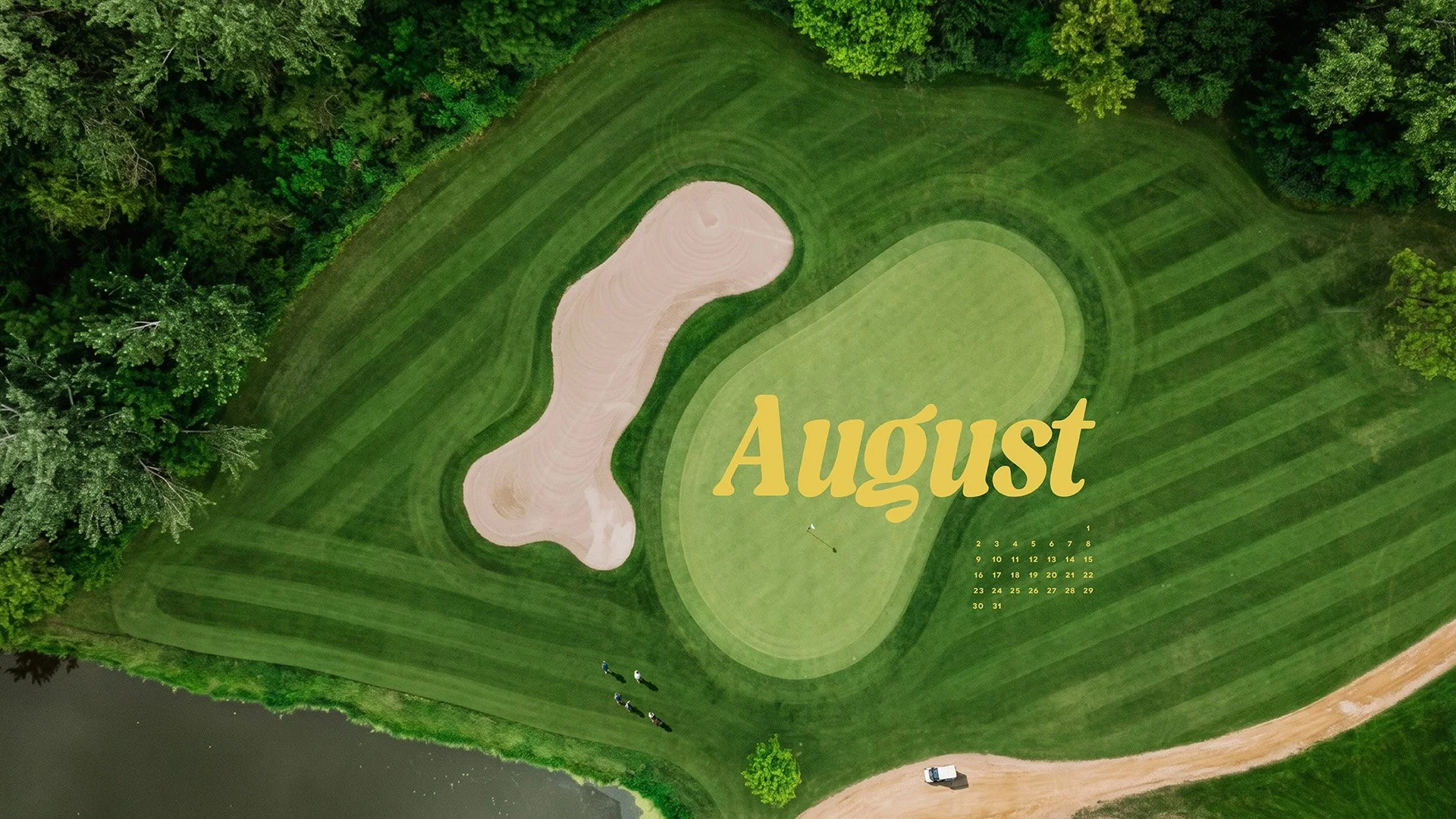 august calendar over a golf course