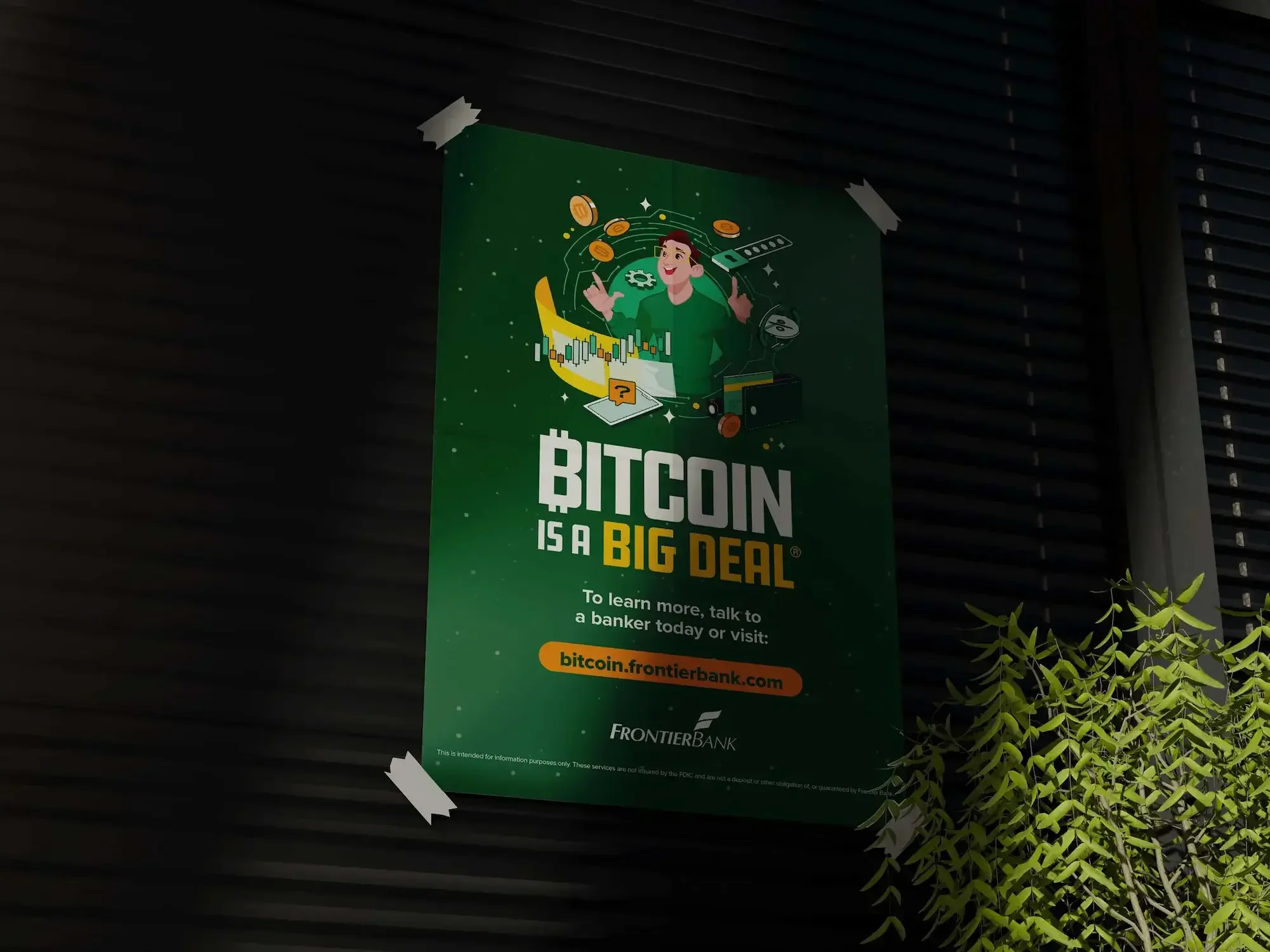 A Frontier Bank Bitcoin poster taped on a garage door