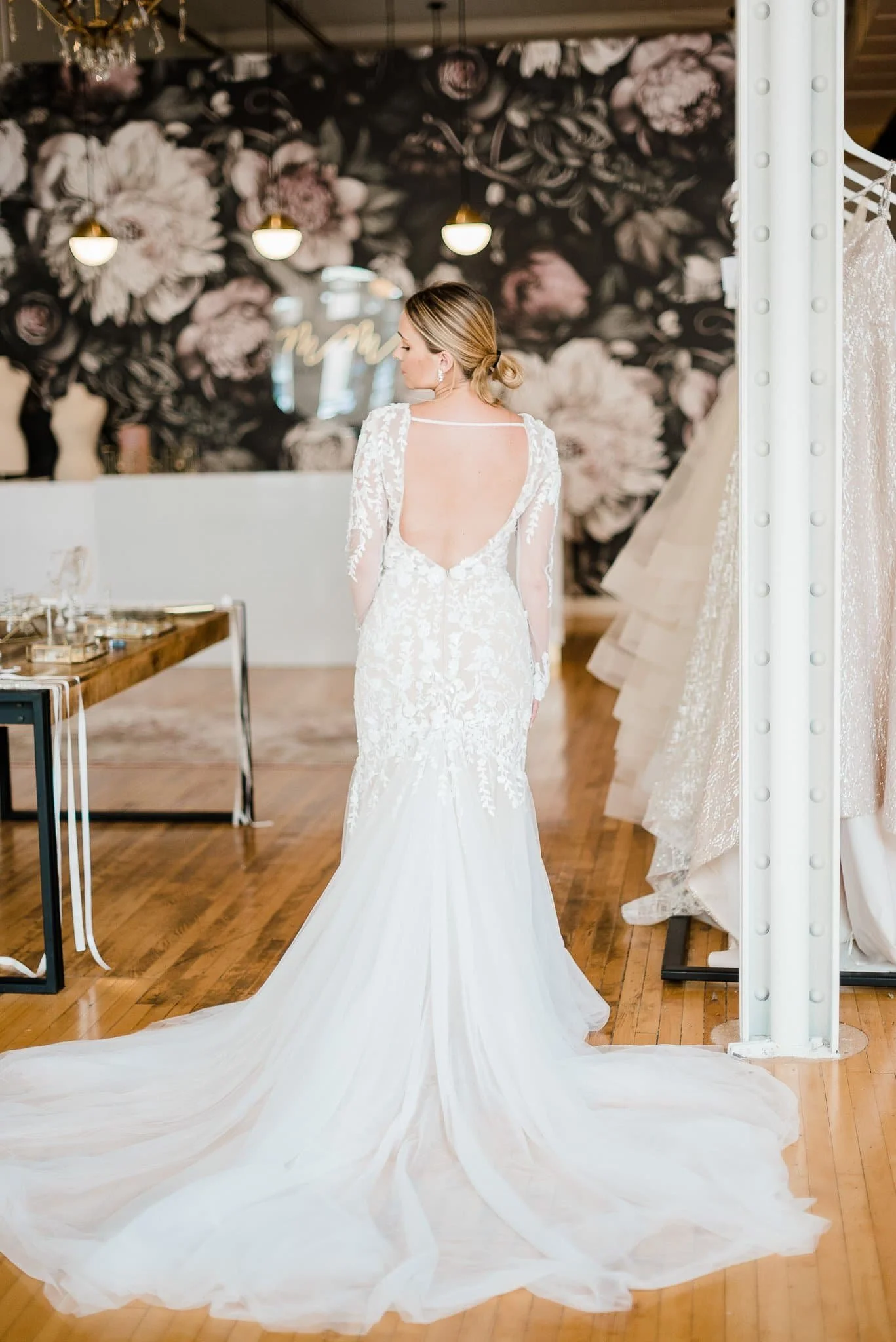 back view of women in wedding dress