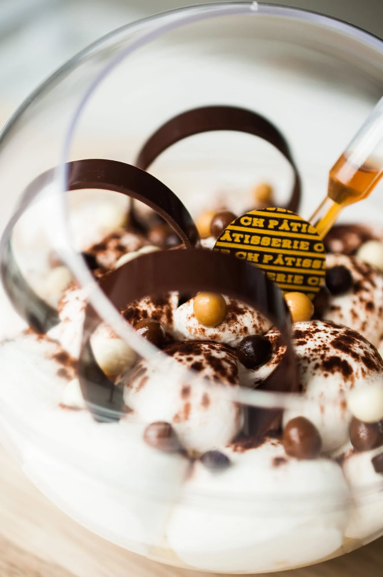 Close up of CH Patisserie chocolate tiramisu pastry.
