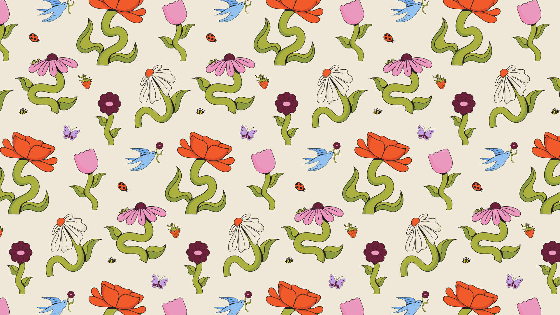 Flowers, birds, butterflies, ladybugs, strawberries