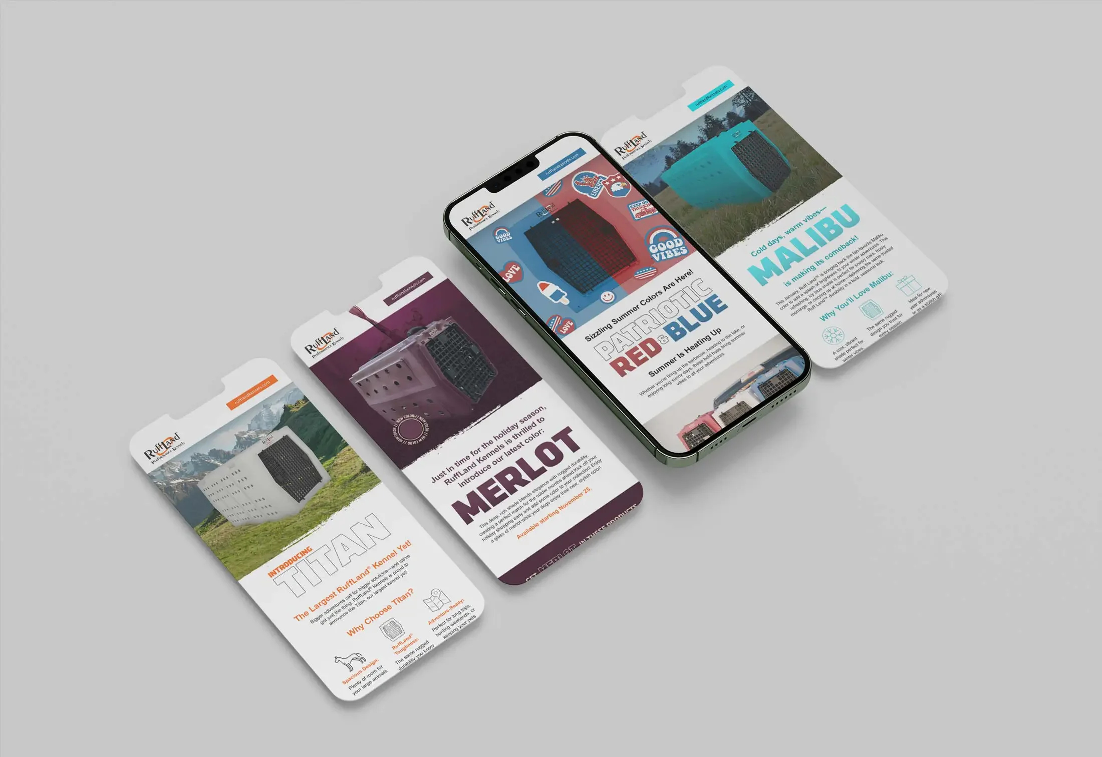 New color product release email marketing campaigns developed by The Sampson House for RuffLand Performance Kennels.