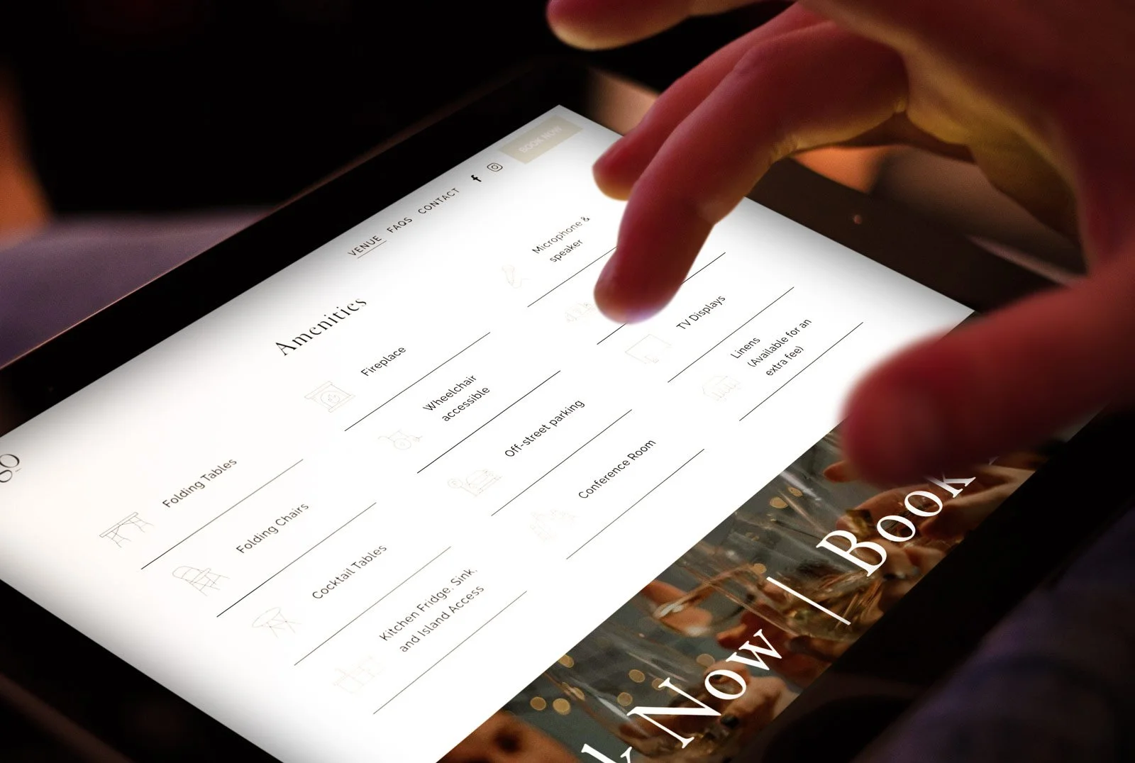A showcase of the amenities section of the Scavigo website, developed by The Sampson House, viewed as a responsive iPad design.