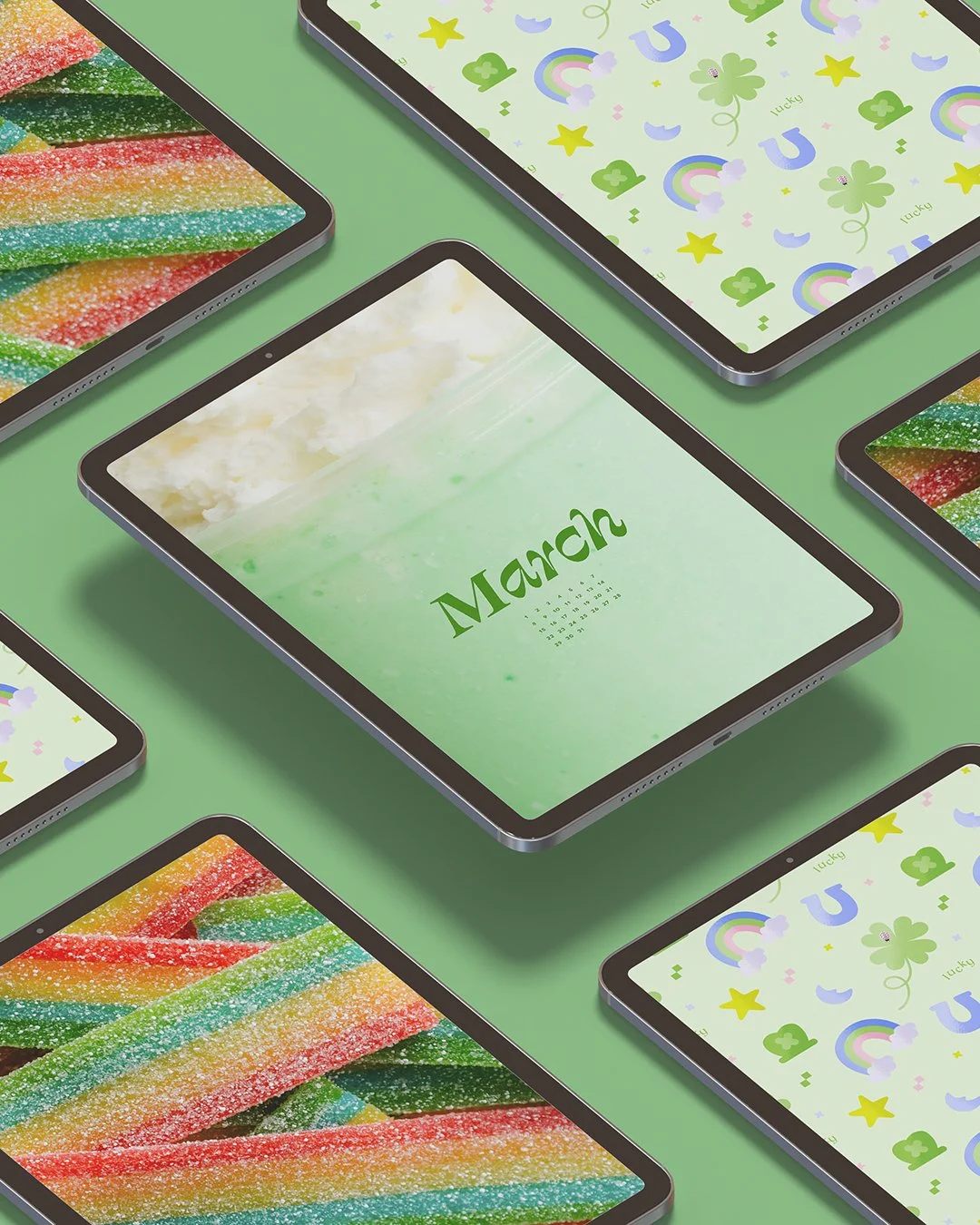 rainbow candy, green milkshake, lucky graphic