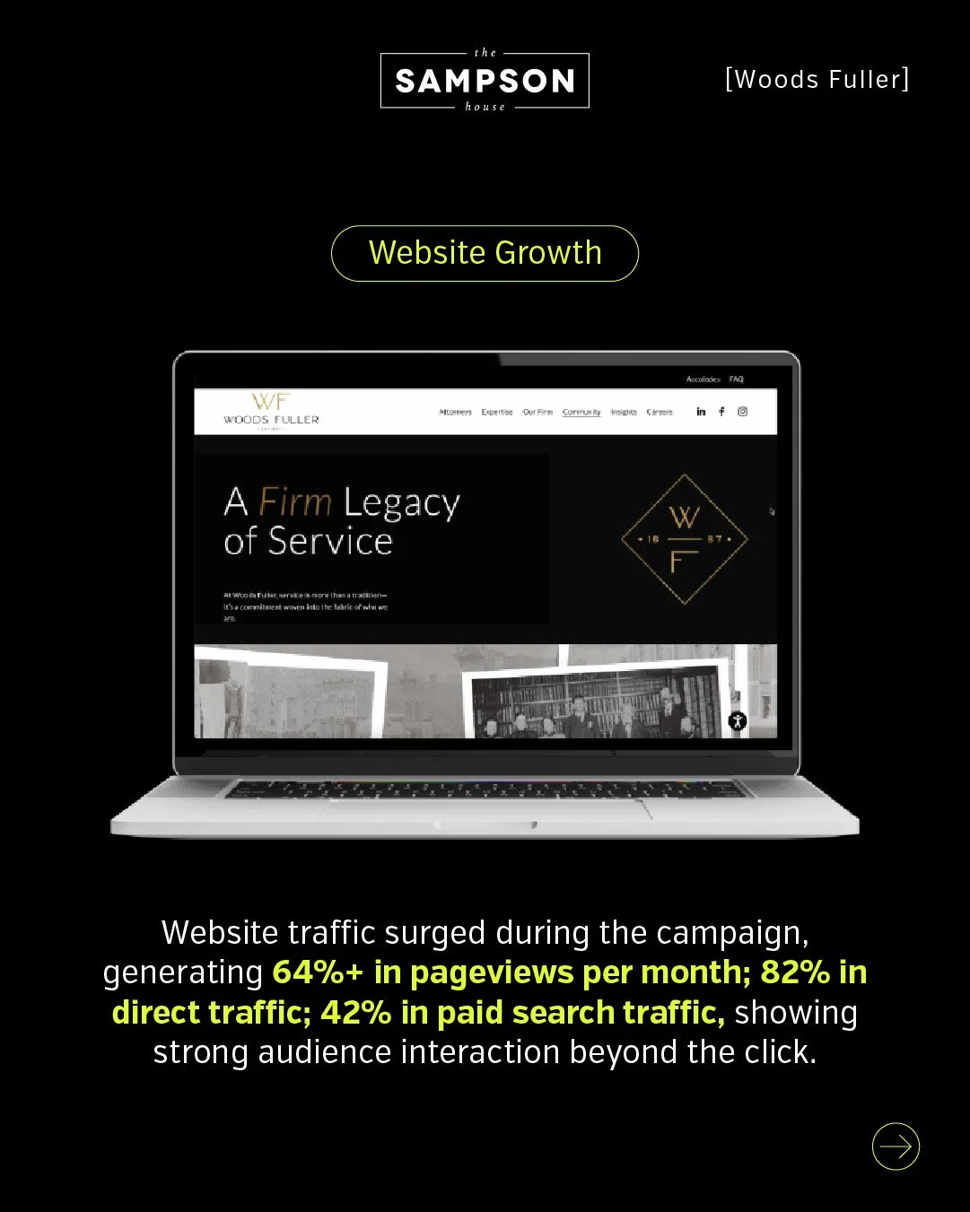 An image of the Woods Fuller campaign landing page with the title "website growth"