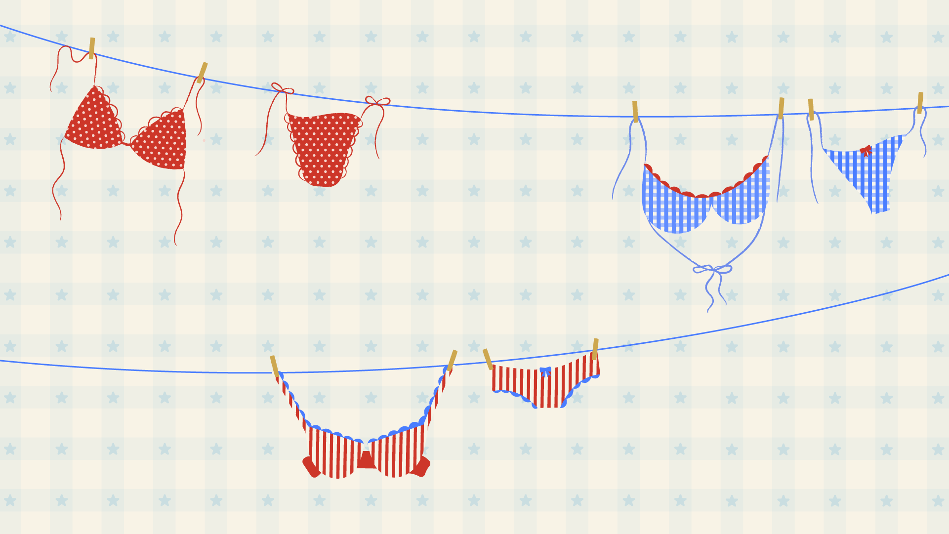 Graphic of Blue and Red Bikinis on a clothing wire