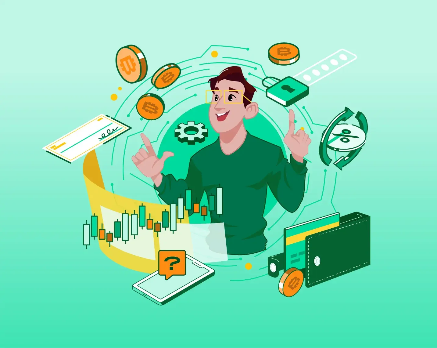 Andy Astronaut isometric illustration bitcoin icon collage with character.