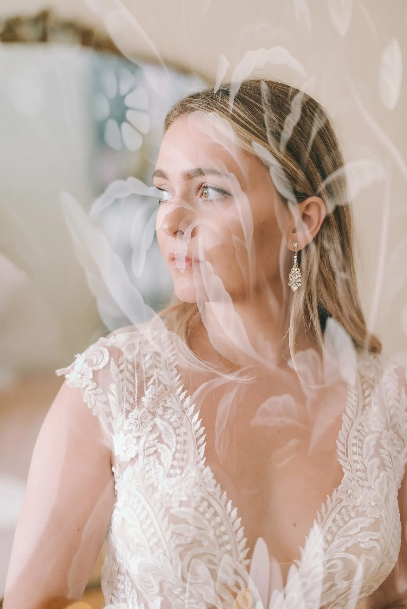 Woman looking away in wedding dress