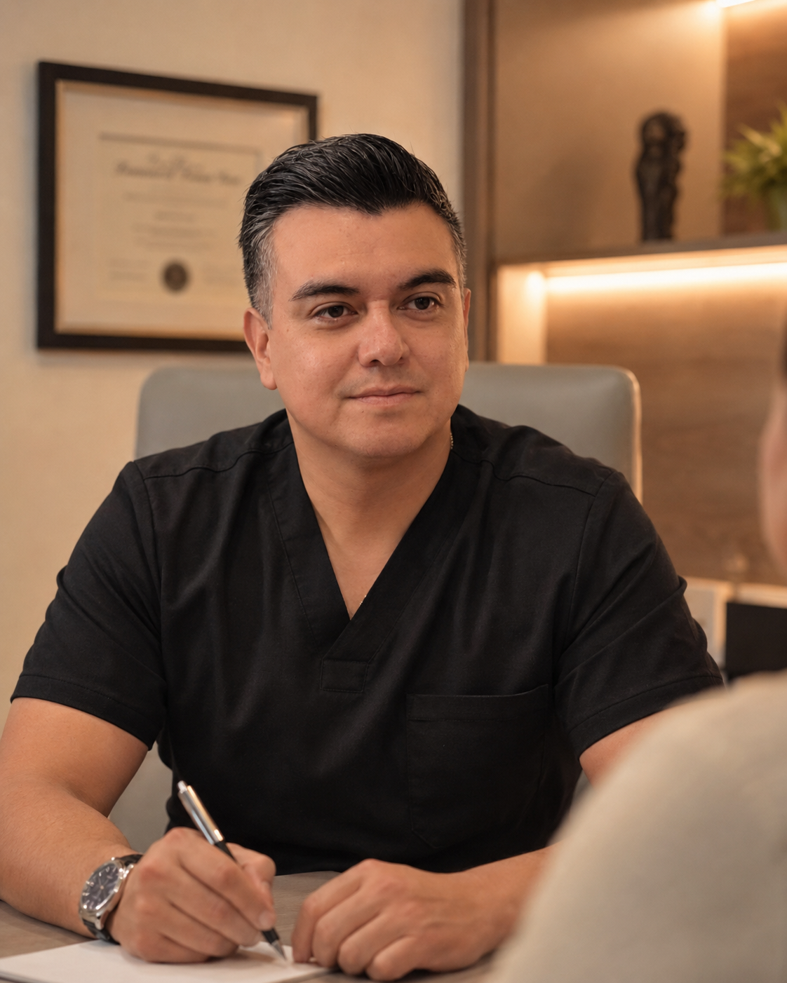 A man in a black medical uniform sitting at a table, holding a pen and looking attentively at someone off-camera, with a diploma on the wall behind him.