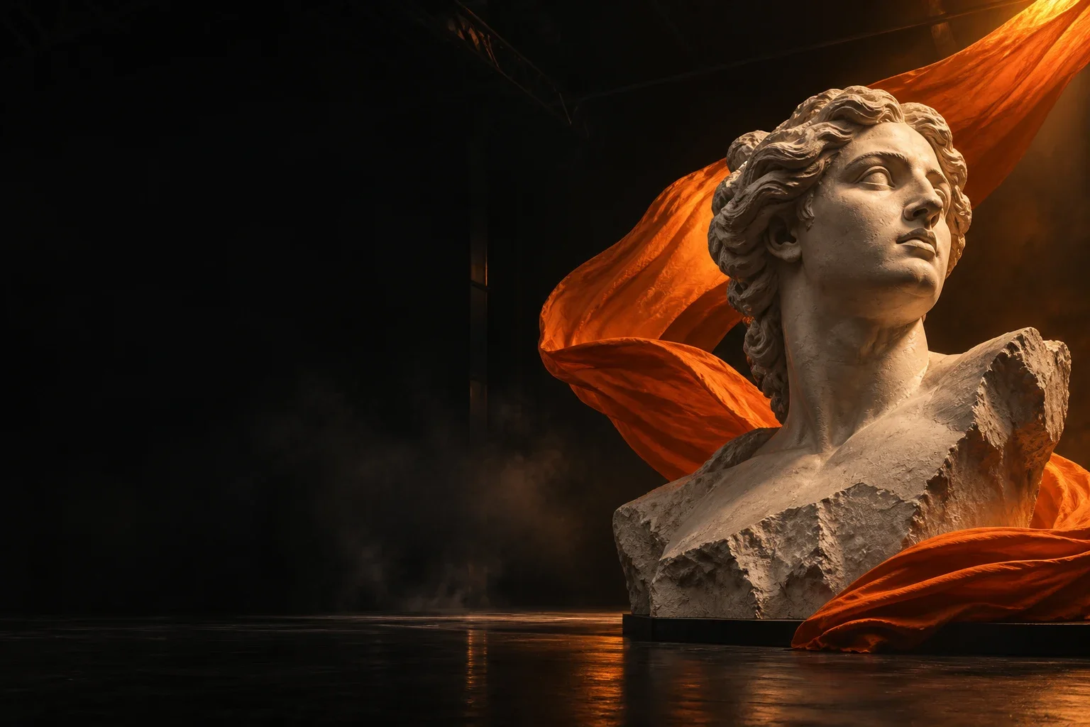 Concept scenografico digitale Laskar Solution: forme scultoree e luce arancio
