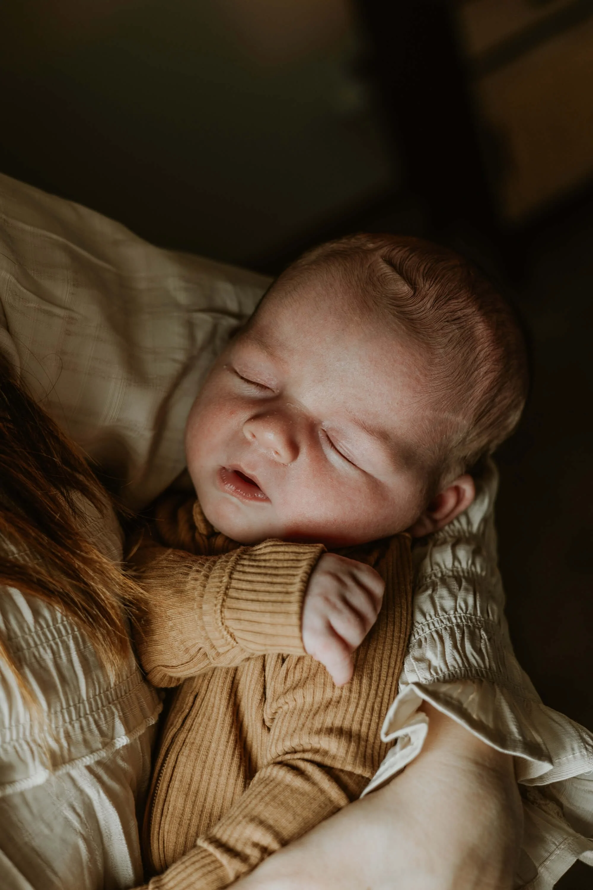 A baby boy sleeps peacefully in his mother's arms during their newborn lifestyle session in Bloomington IL
