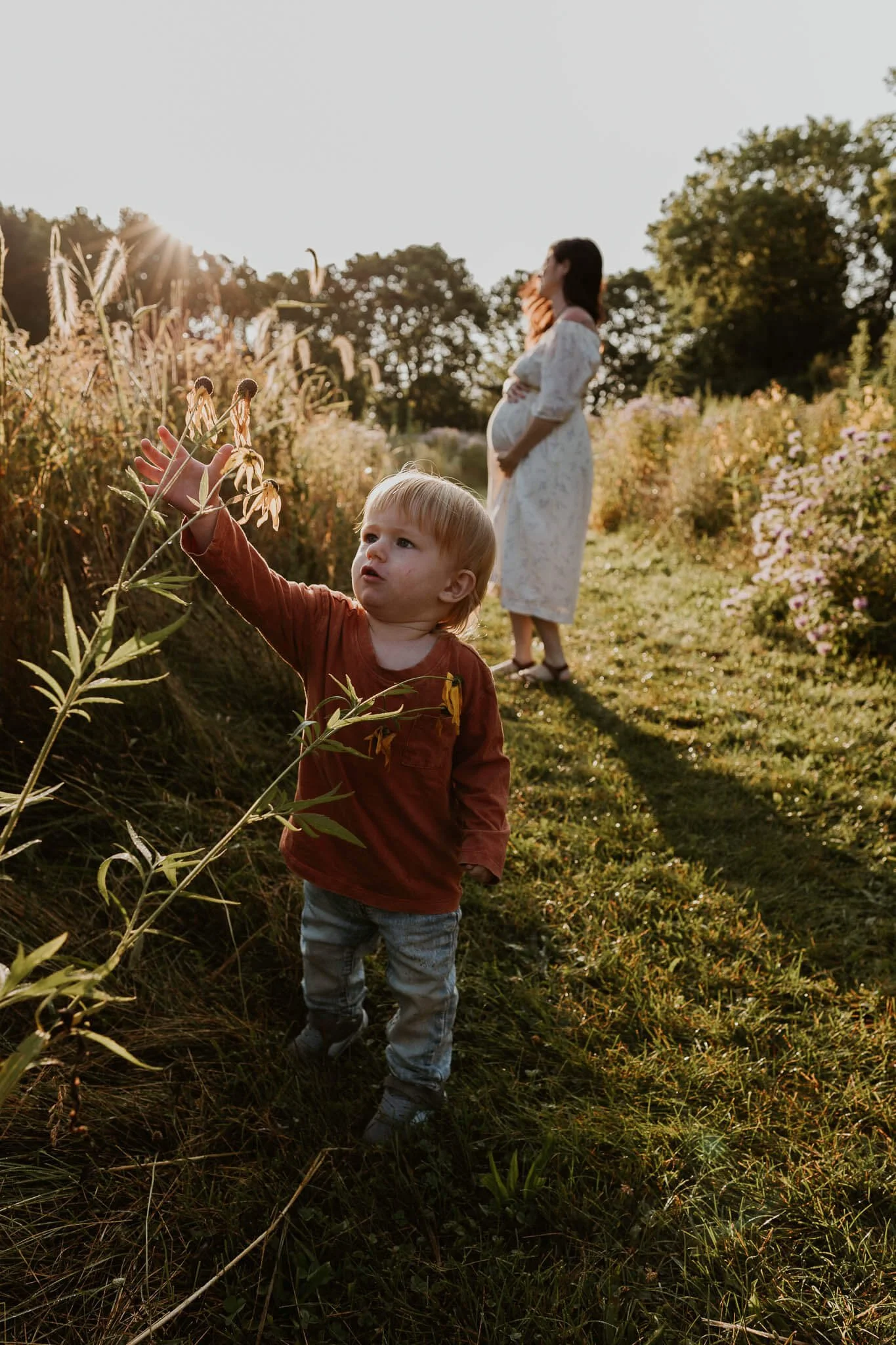A curious toddler explores wildflowers in the foreground while his pregnant mother soaks in the sun in the background