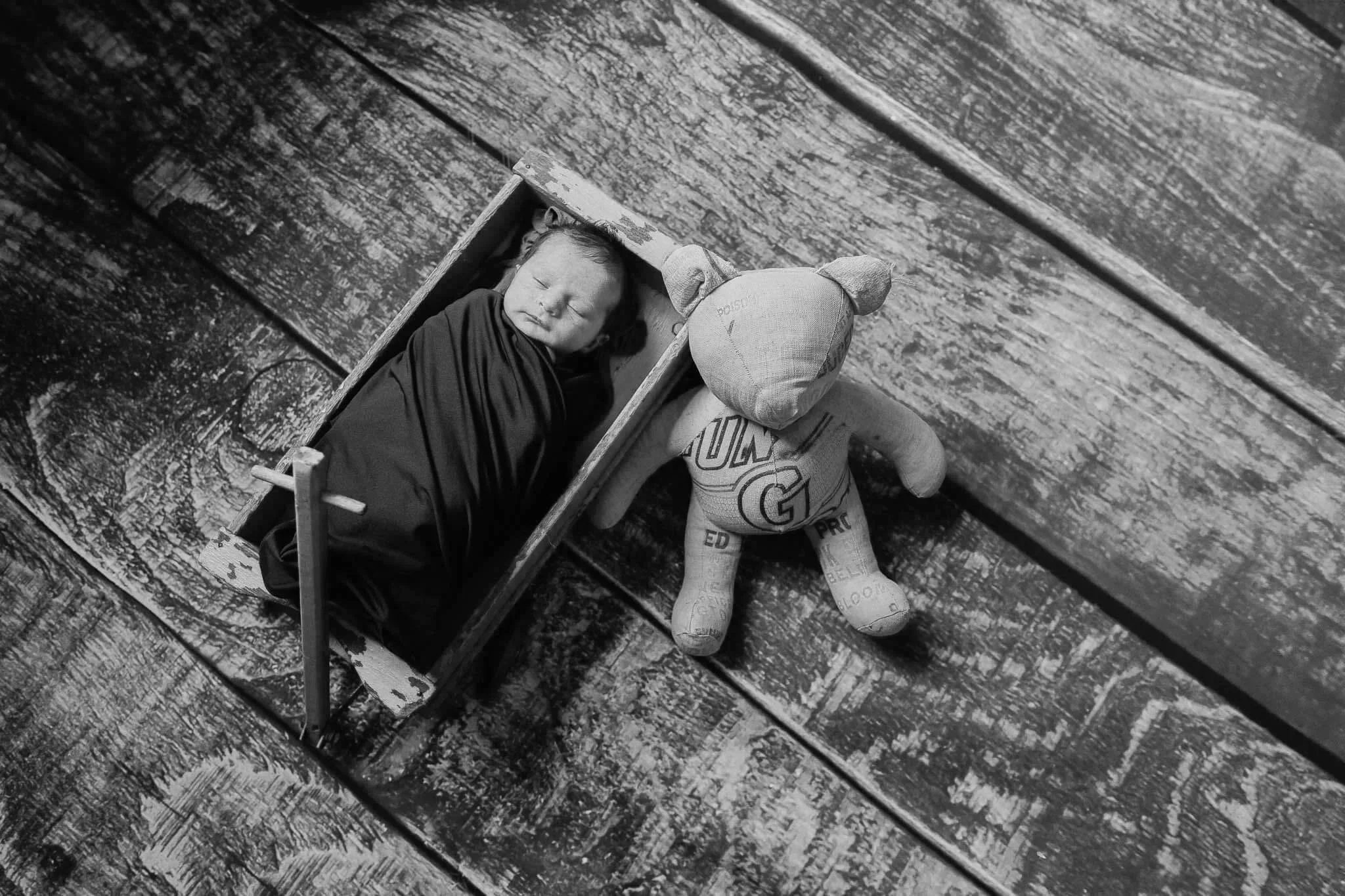 newborn swaddled in wagon during in home session