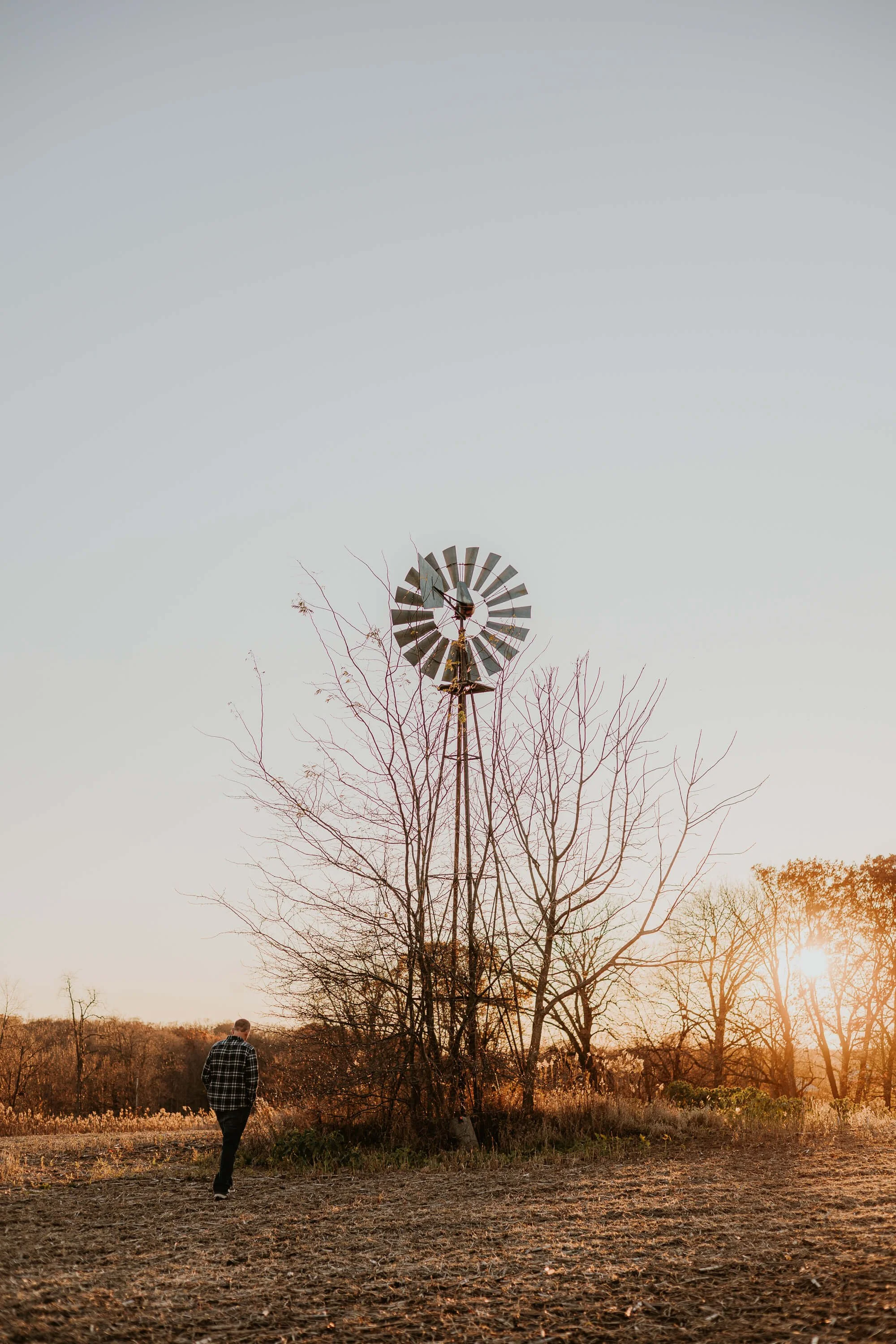 A windmill sits in an open field as the sun sets jus behind it