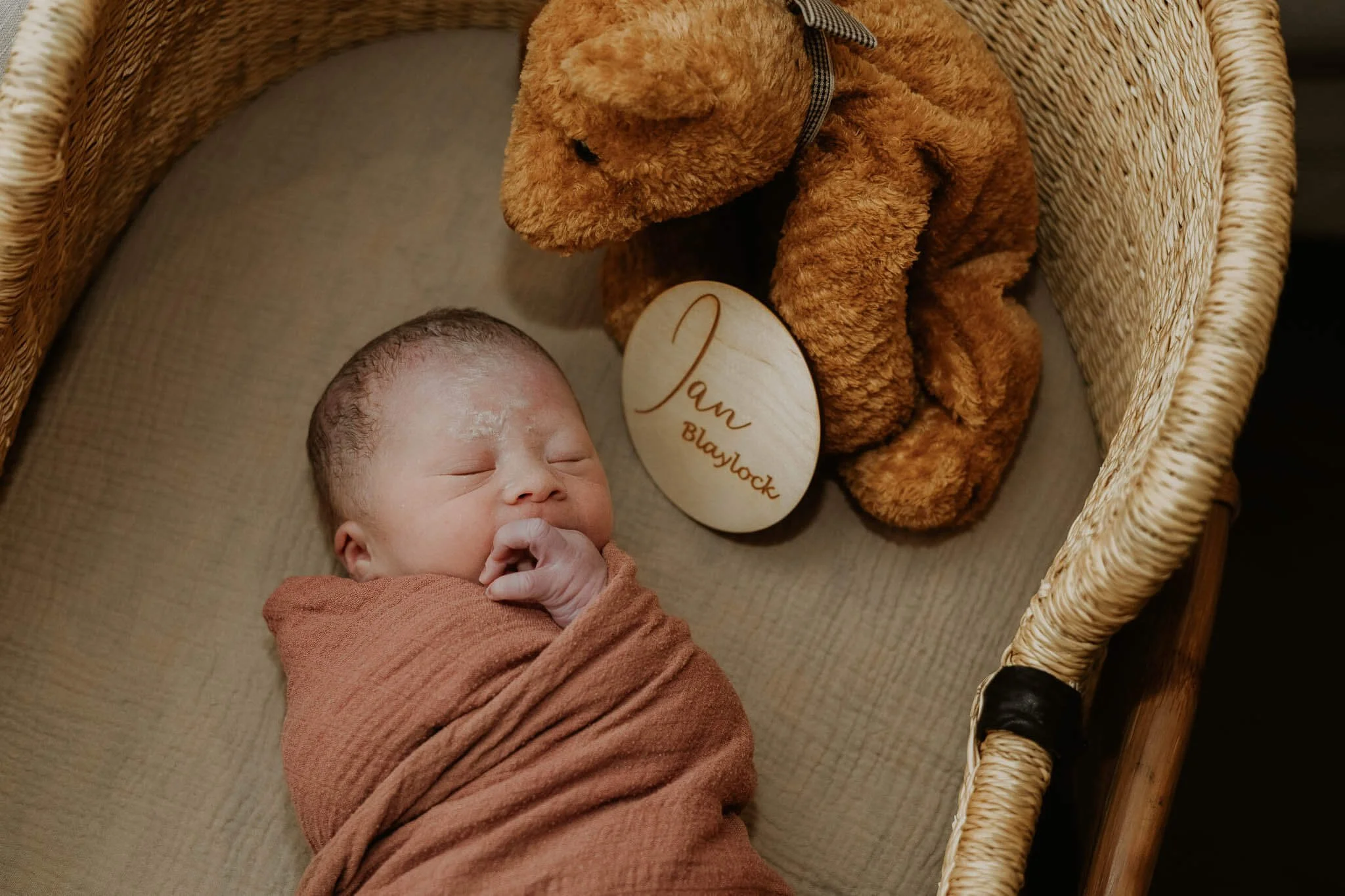 A newborn baby is swaddled in a moses basket at the Birth Center of Bloomington Normal