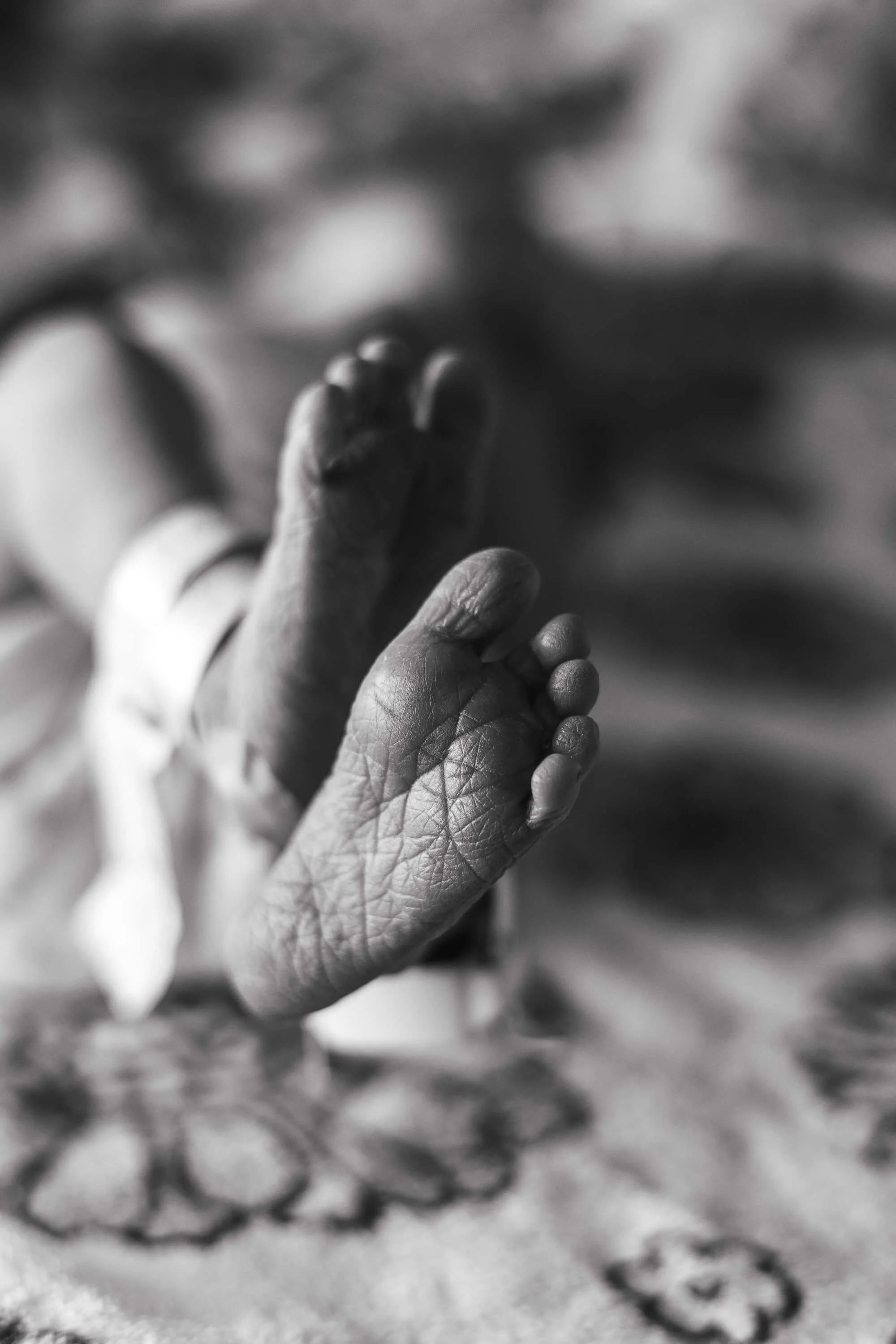 A black and white close up of newborn toes