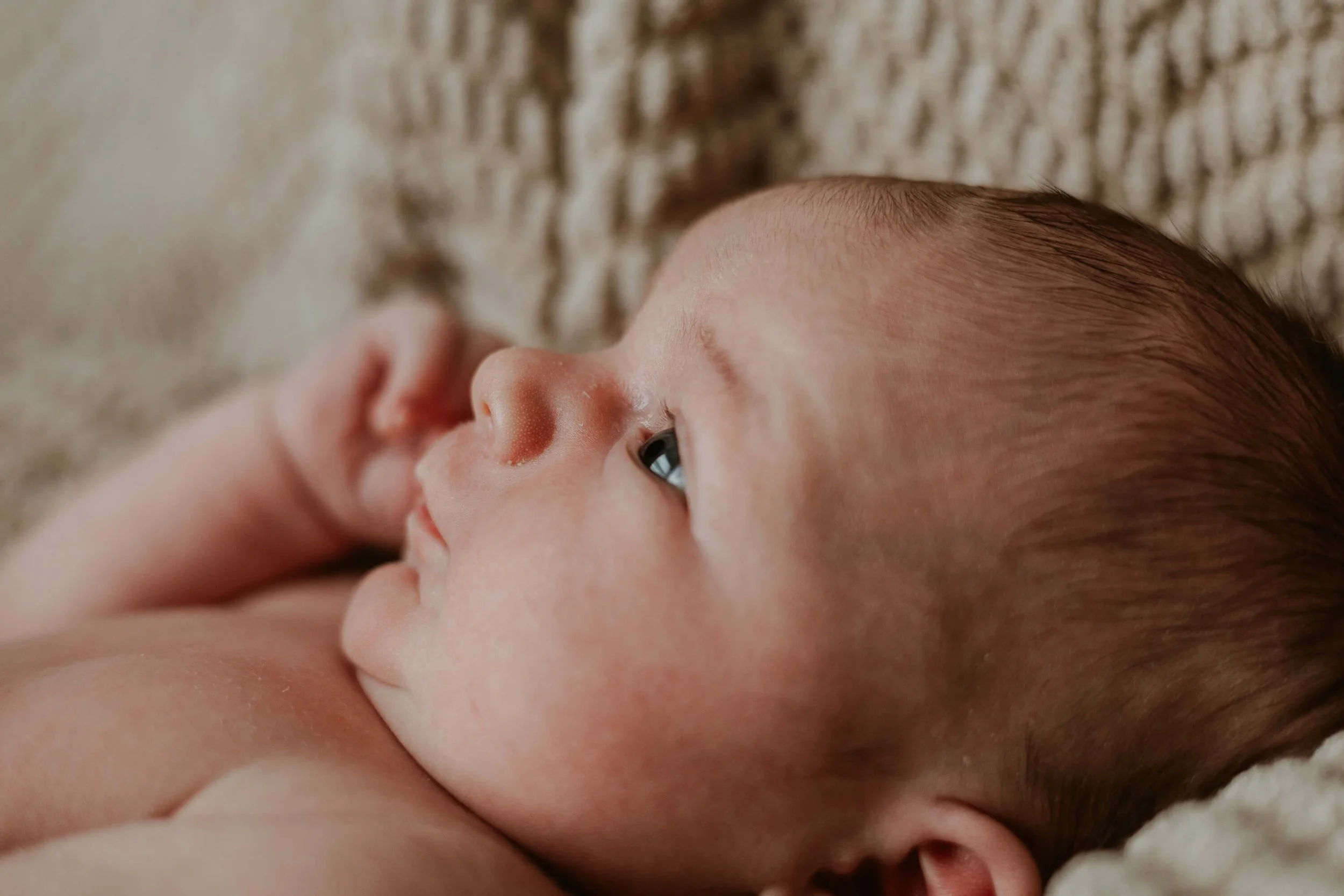 A profile of a baby boy staring up at his mother