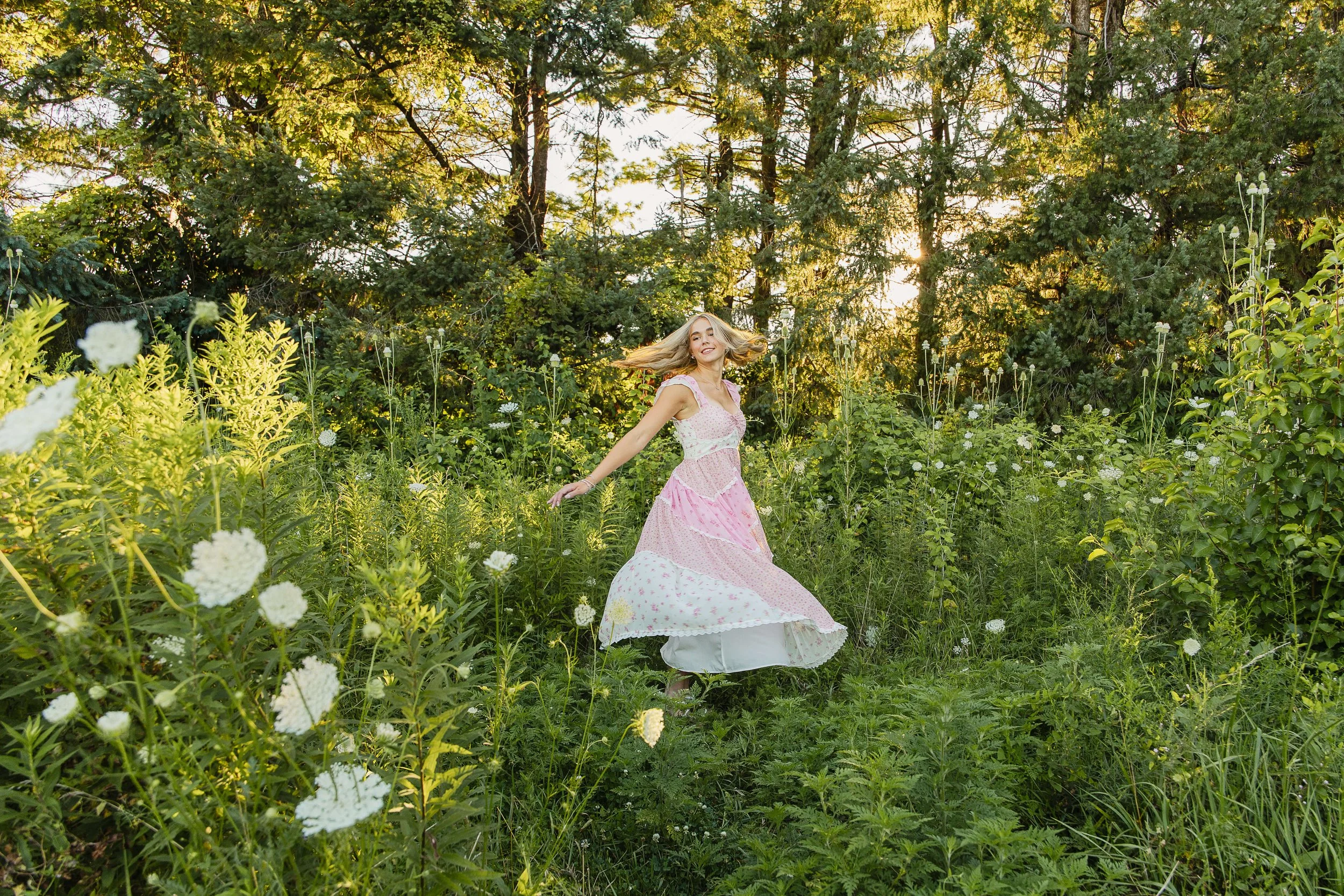 High school senior portraits in Bloomington-Normal Illinois, senior girl in long flowy dress