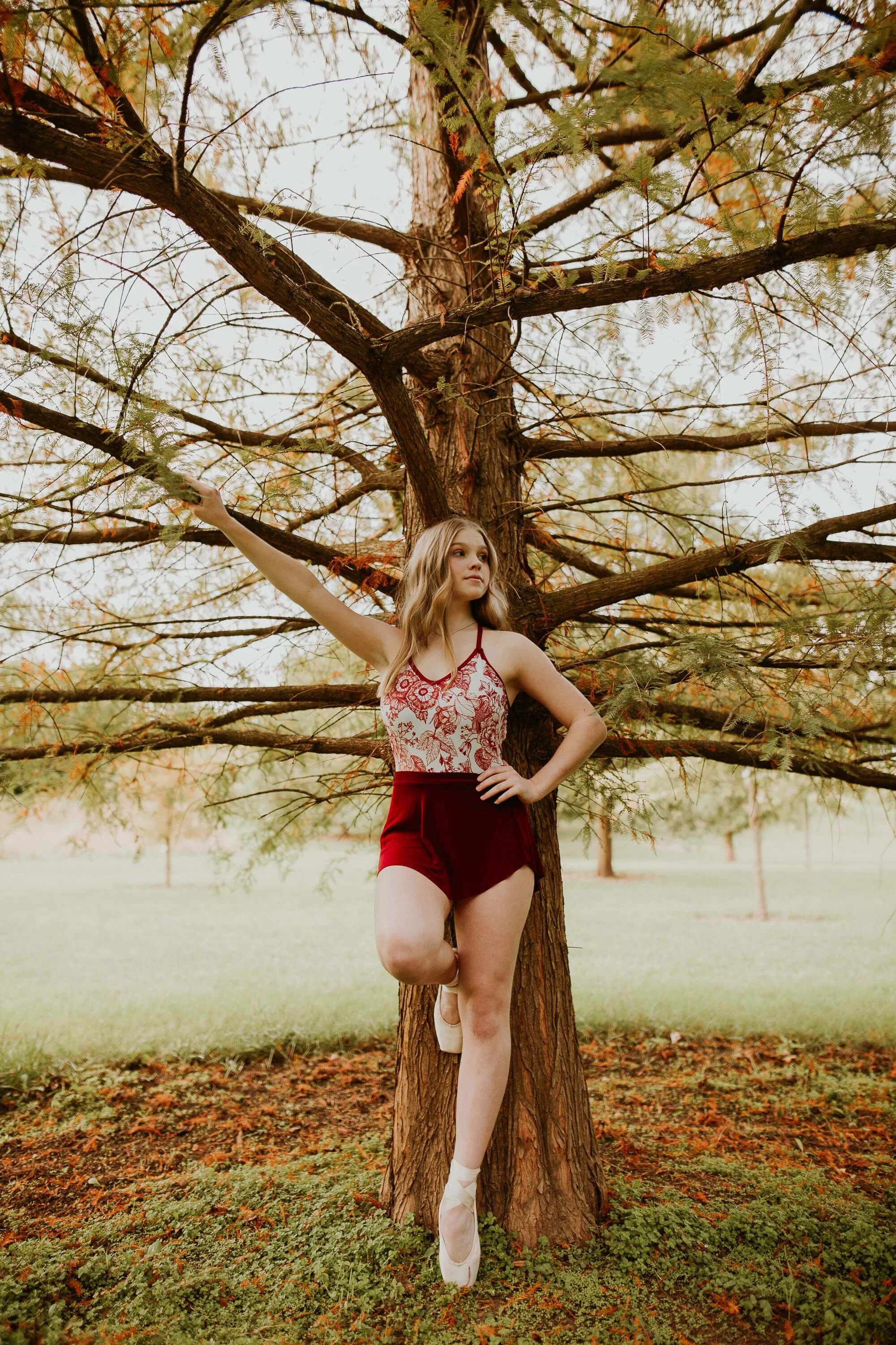 A dancer holds a tree limb in an effortless stance en pointe