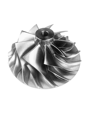 A shiny metallic turbocharger wheel with curved blades on a black background.