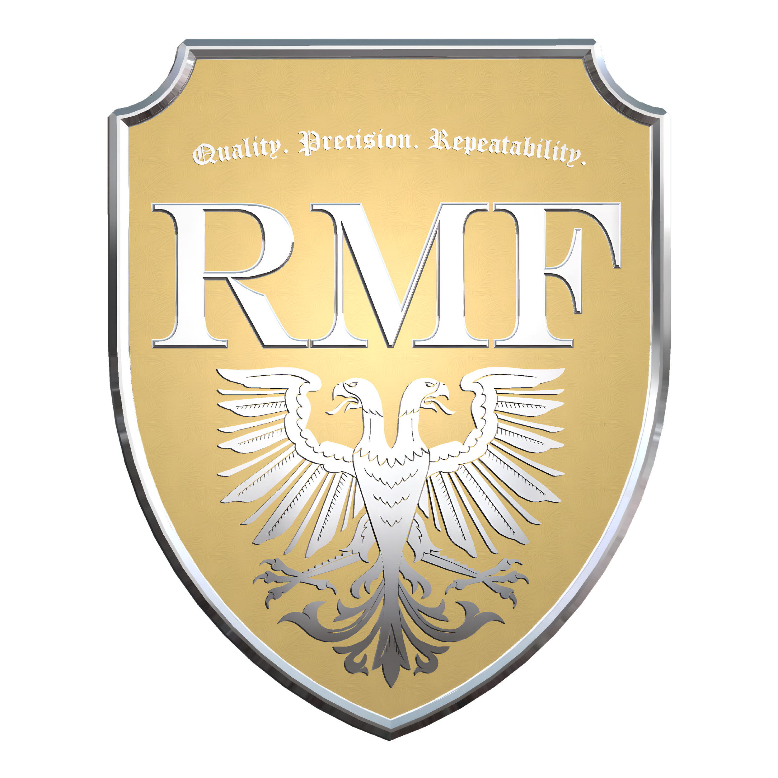 A shield-shaped badge with a gold background and silver border. It features three words at the top: "Quality. Precision. Repeatability." In the center, there are large stylized letters "RMEF" above a silver, double-headed eagle with outspread wings.