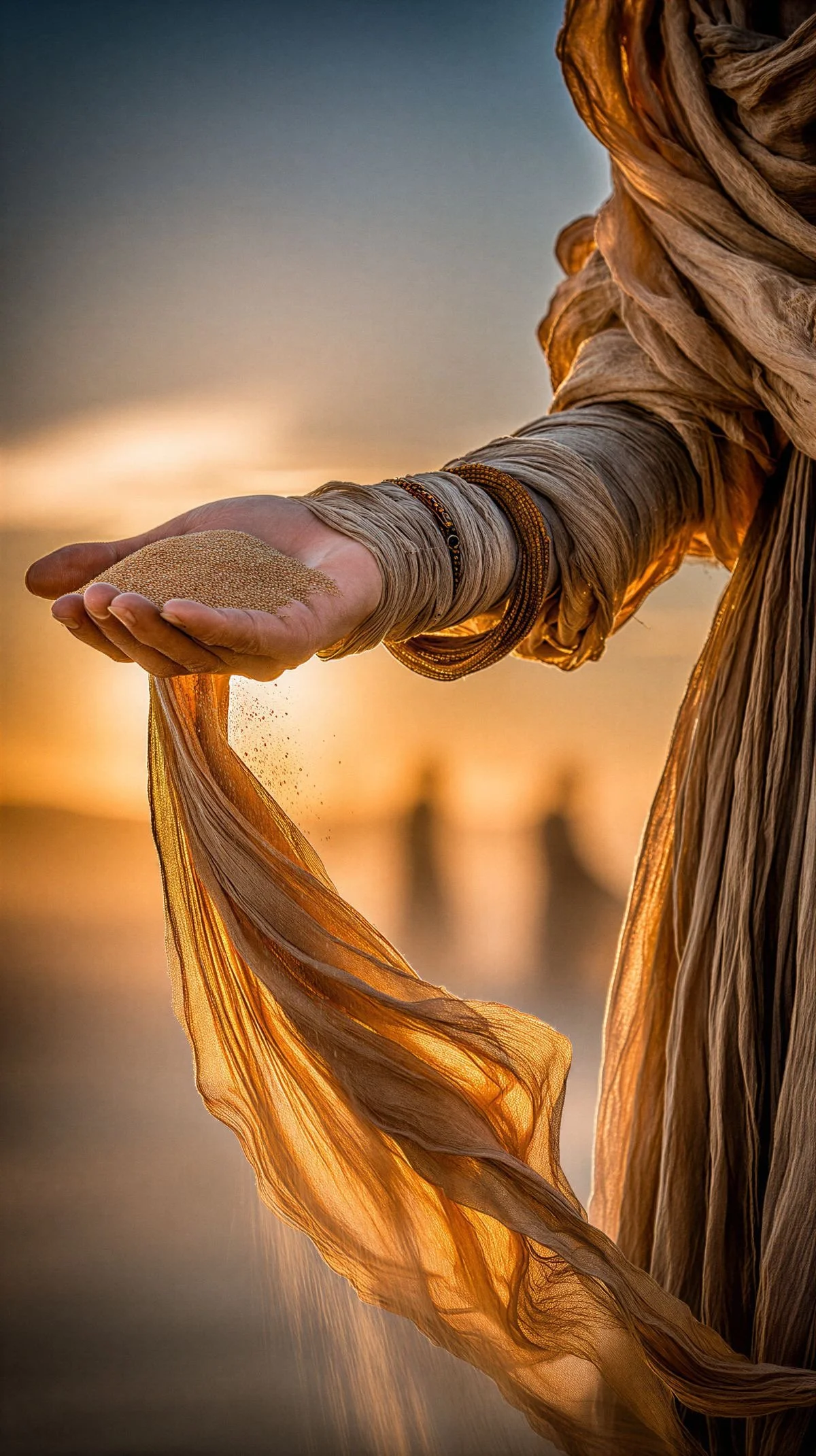 A robed arm extended in golden sunset light, holding flowing sand as a sheer fabric trails from the hand, symbolising divine communication, revelation, and the way God uses unexpected tools to speak.