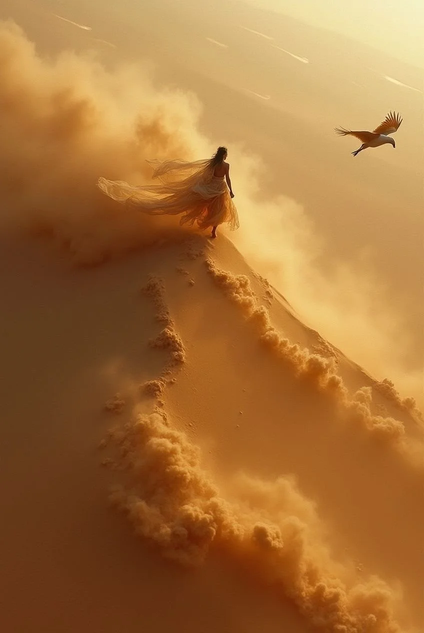 Woman walking along a desert ridge surrounded by swirling dust and golden light, symbolising prophetic calling, wilderness leadership, and God moving from the margins