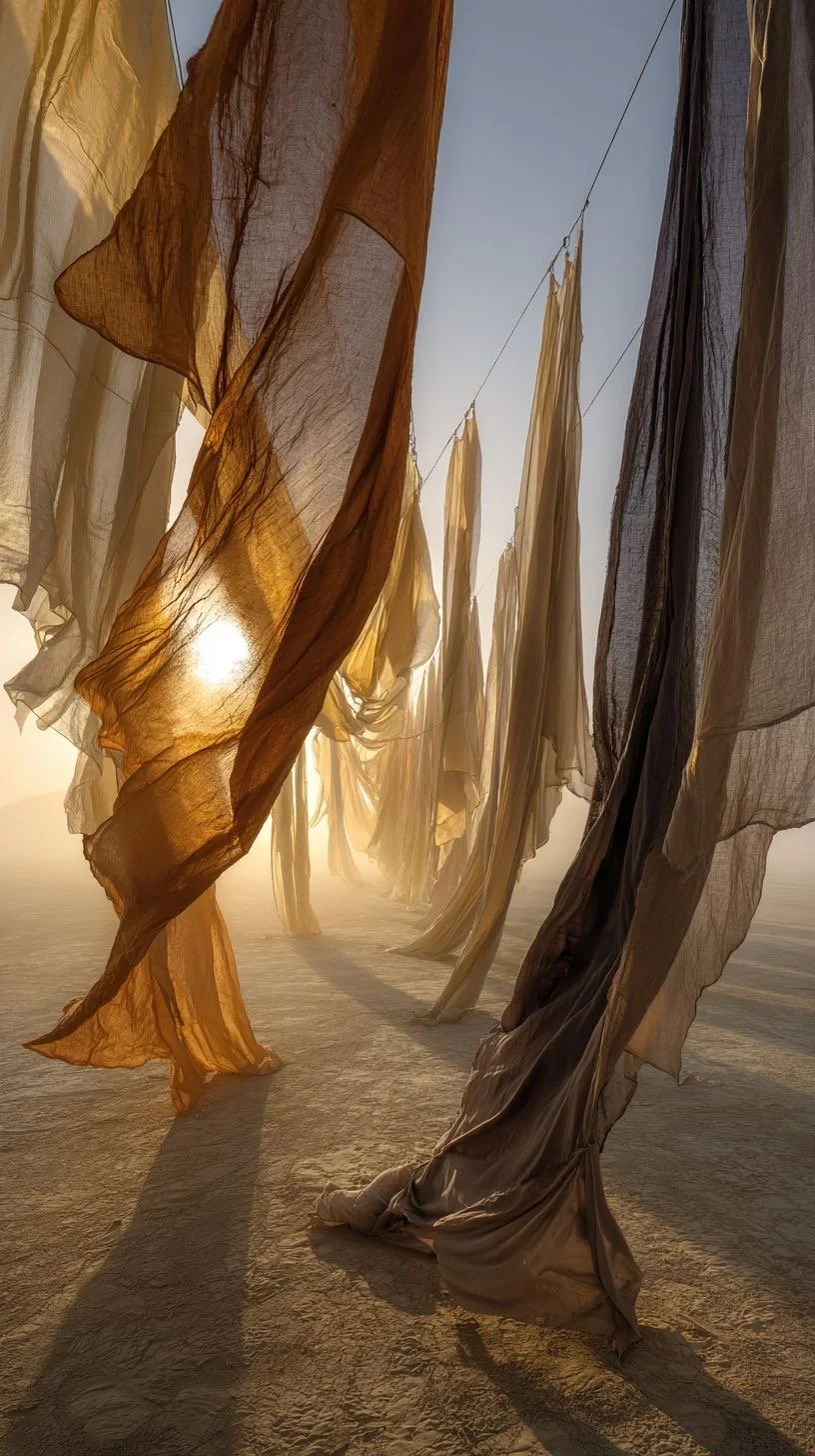 Light fabric hanging on lines in a desert landscape at sunrise, symbolising exposure, discernment, and God revealing hidden mixture in the Church