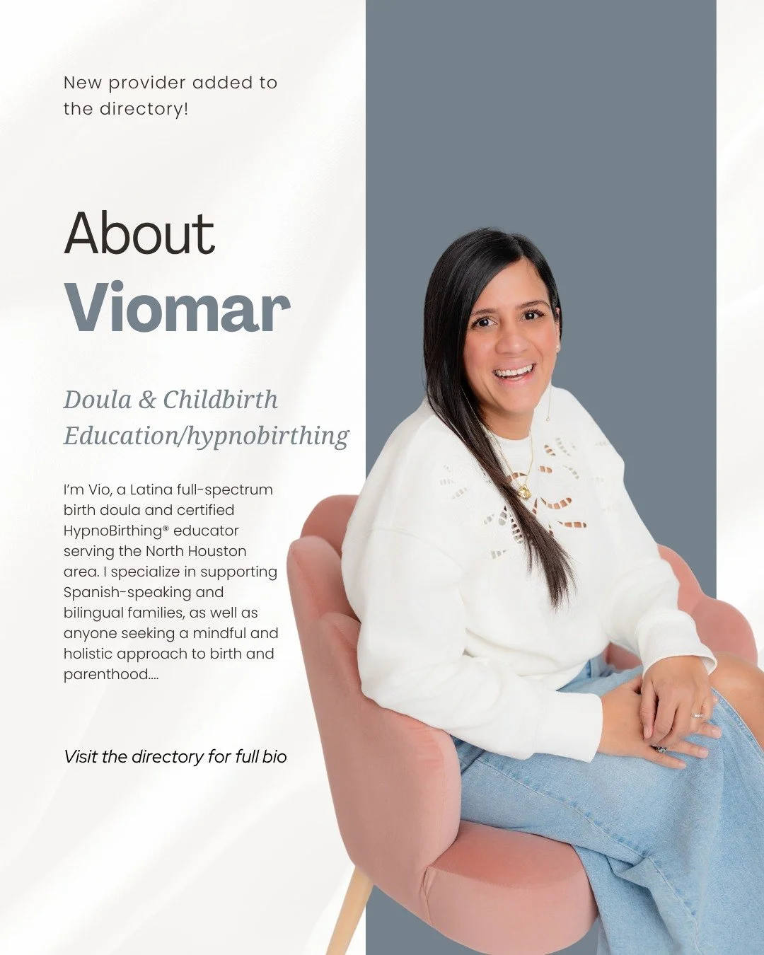 New provider added to the directory!
Meet Viomar, a North Houston–based full-spectrum birth doula and certified HypnoBirthing® educator. Vio specializes in supporting Spanish-speaking and bilingual families through a mindful, holistic appro
