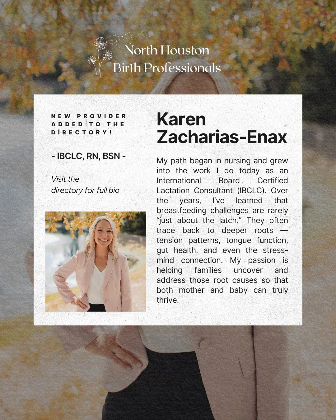 ✨ New Directory Member Alert! ✨
We are so glad to add Karen to the directory IBCLC page. Check out the website to read Karen's full bio and browse local events!

#northhoustonevents #birthteam #ibclc #momsofnorthhouston #nhbp