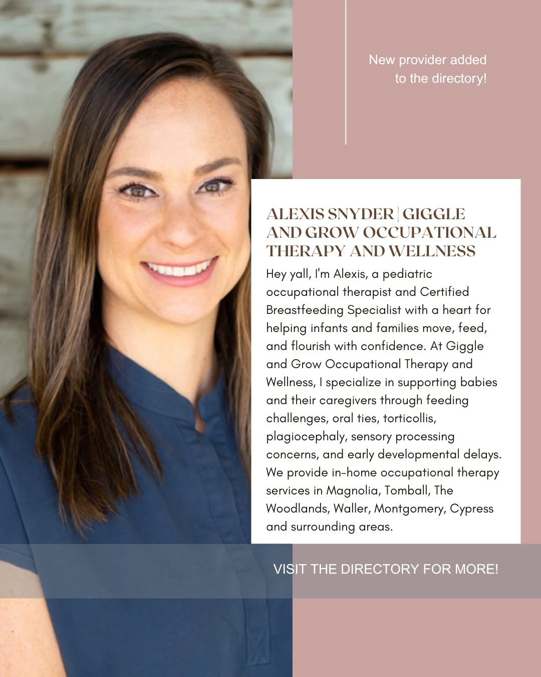 We are so excited that Occupational Therapist, Alexis Snyder, has joined the directory! Visit the directory to learn more about her specialties.

Looking for a trusted professional as you would through the many stages of motherhood? You've found the 