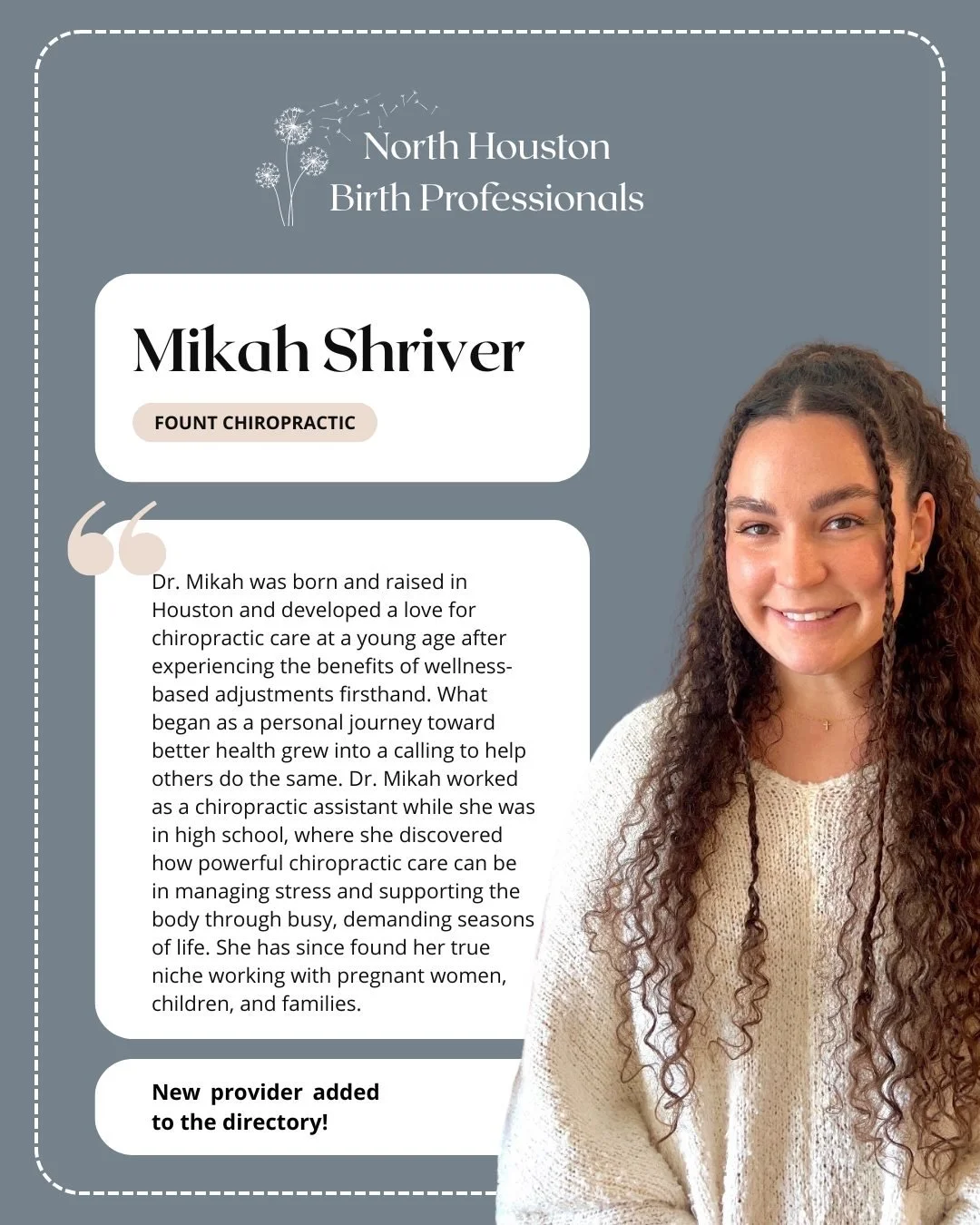 We&rsquo;re excited to welcome Dr. Mikah of Fount Chiropractic to the North Houston Birth Professional Directory! ✨

Born and raised in Houston, Dr. Mikah discovered the power of chiropractic care at a young age after experiencing the benefits of wel