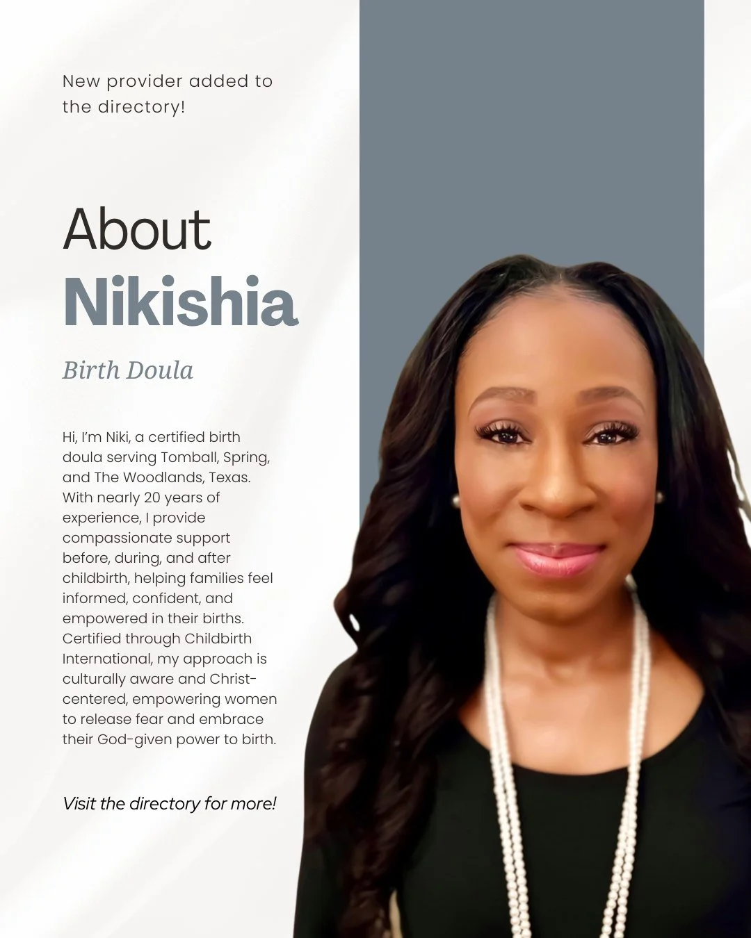 Please help us welcome Nikishia McKinney of My Doula Niki Birthing Services to the directory!

Niki is a certified birth doula serving families in Tomball, Spring, and The Woodlands, Texas. With nearly 20 years of experience supporting women through 