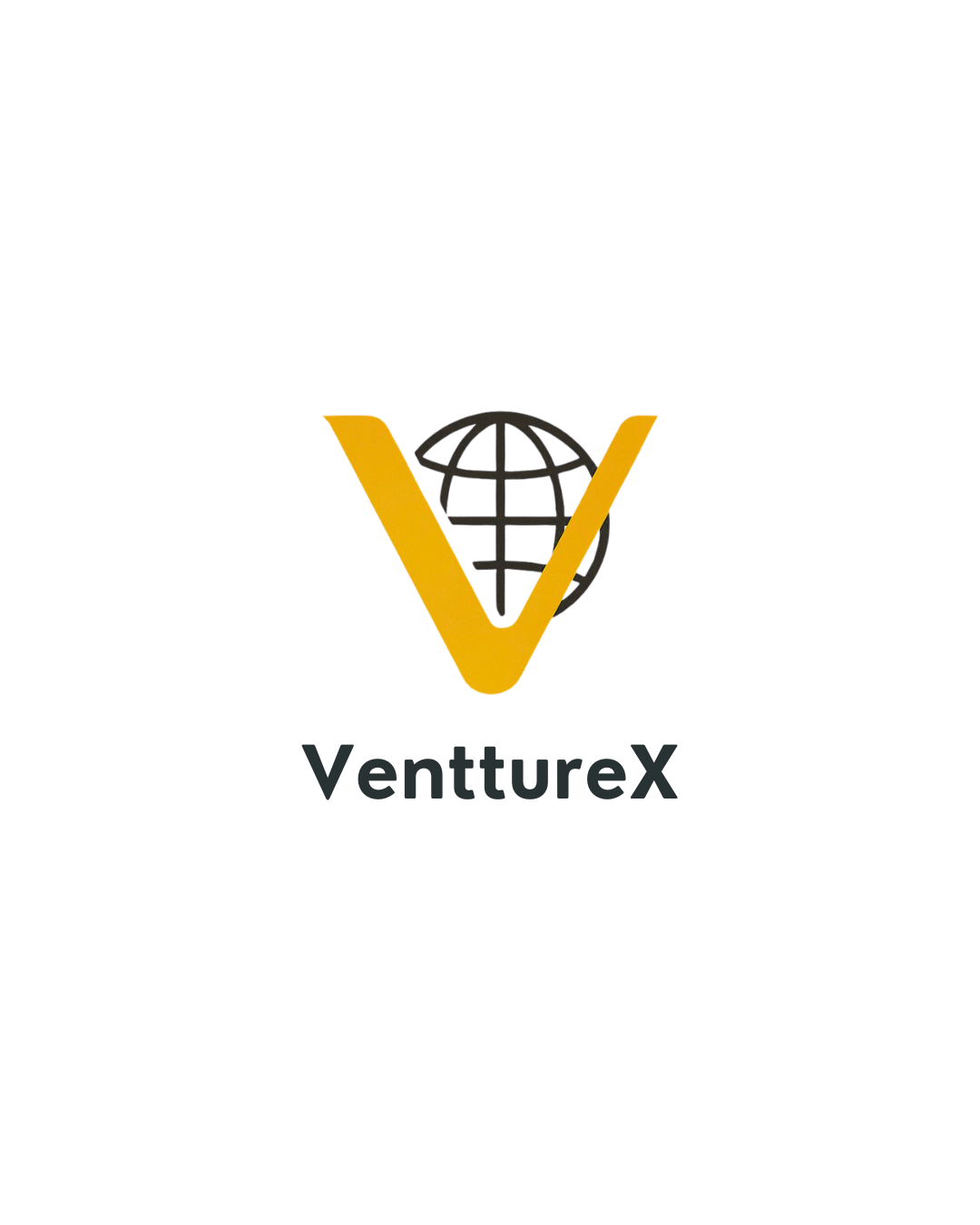 Logotipo da VentureX com uma letra V amarela estilizada e um globo estilizado dentro da letra V, com o nome VentureX escrito abaixo em preto.
