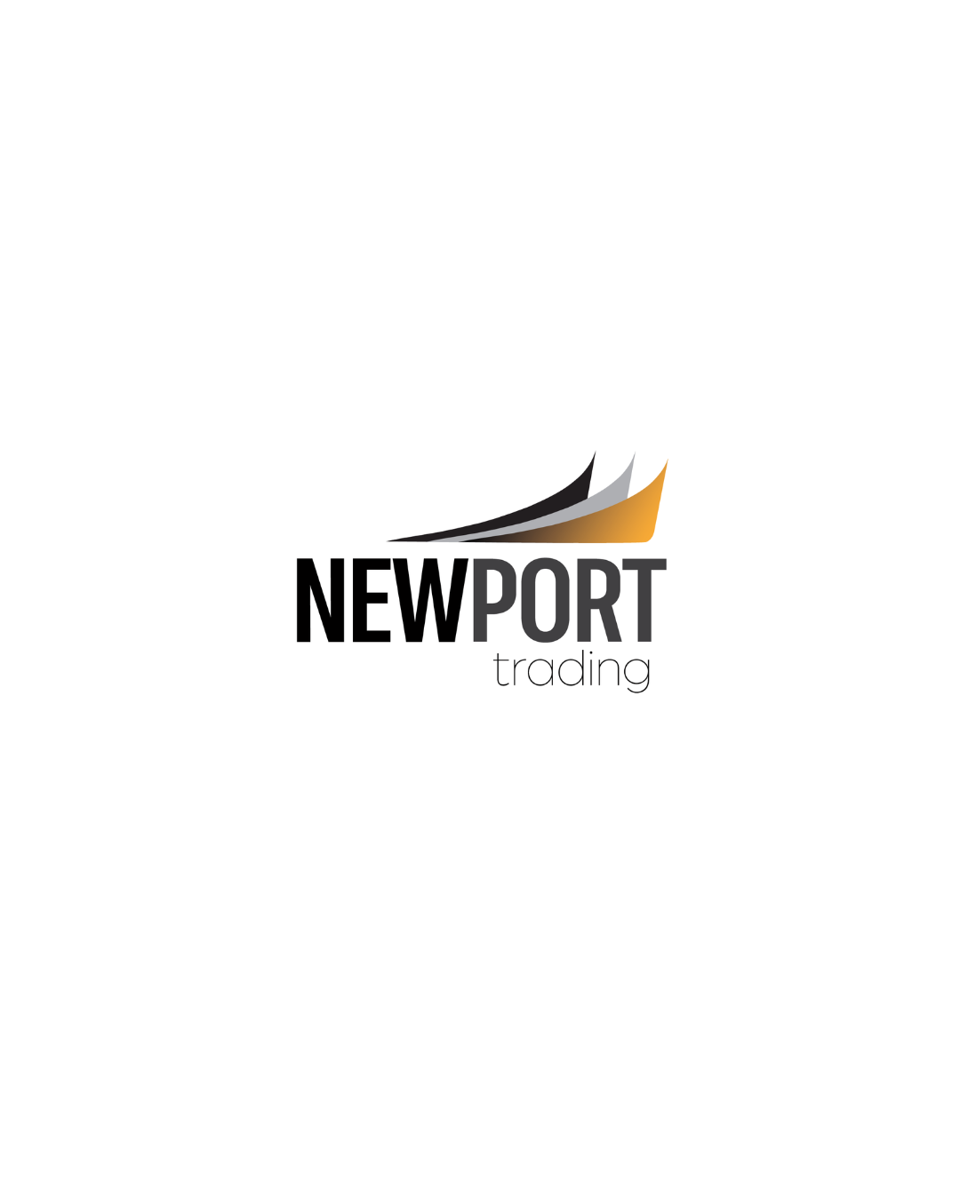 Logo da empresa Newport Trading com nome em destaque e elementos gráficos de linhas curvas nas cores preto, cinza e dourado.