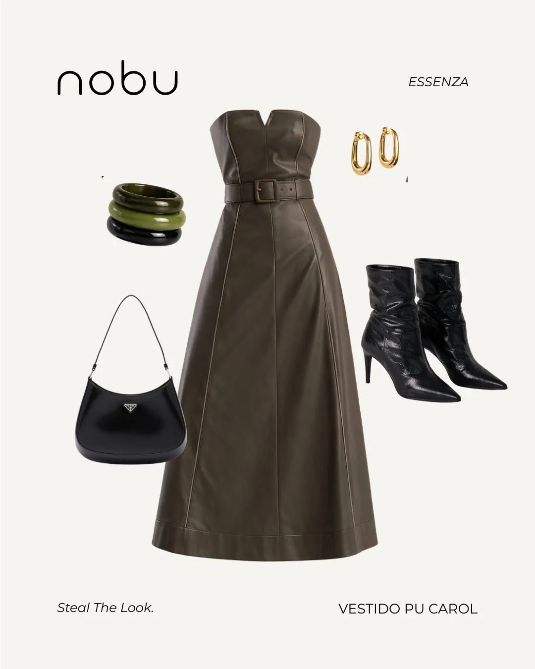 Conjunto de roupas e acessórios femininos, incluindo um vestido longo preto de couro com cinto largo, botas de couro pretas de salto fino, um par de brincos dourados, pulseiras de bolinha em cores preto, verde e cinza, além de uma bolsa preta com alça, tudo apresentado em fundo claro.