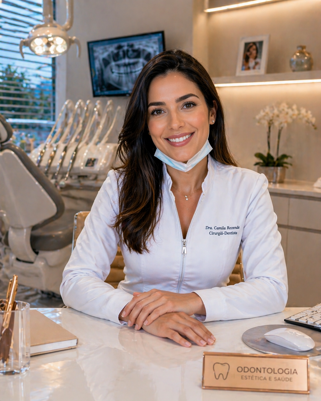 Dentista sorridente usando jaleco na clínica odontológica com placa de identificação.