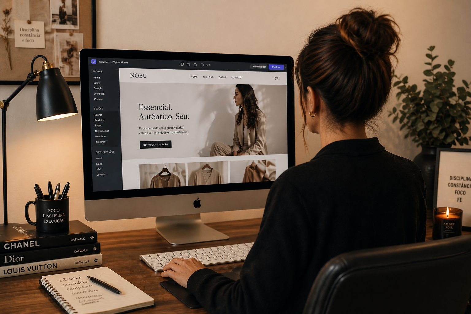 Pessoa assistindo a um site de moda em um computador na mesa de trabalho, com livros de marcas de luxo, caderno e caneta ao lado, no ambiente com decoração com plantas e posters na parede.