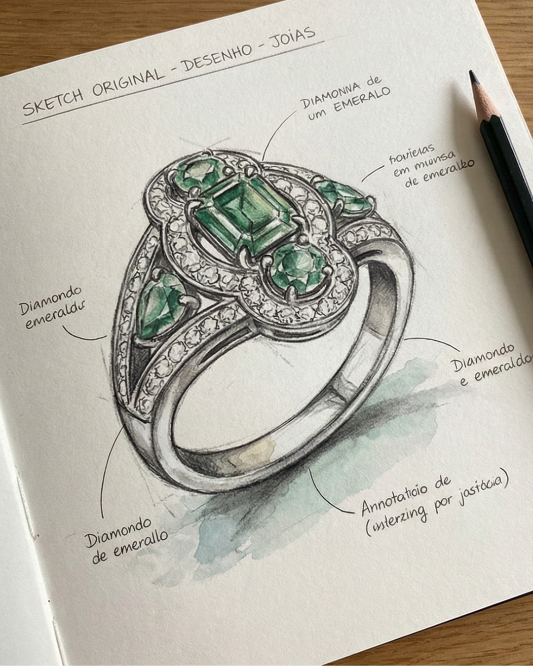 Desenho de um anel com várias pedras de esmeralda e diamantes, detalhado com anotações em português indicando as características das pedras, como diamantes de um lado e de outro, e uma inscrição indicando que há uma parte de justificação por registro.