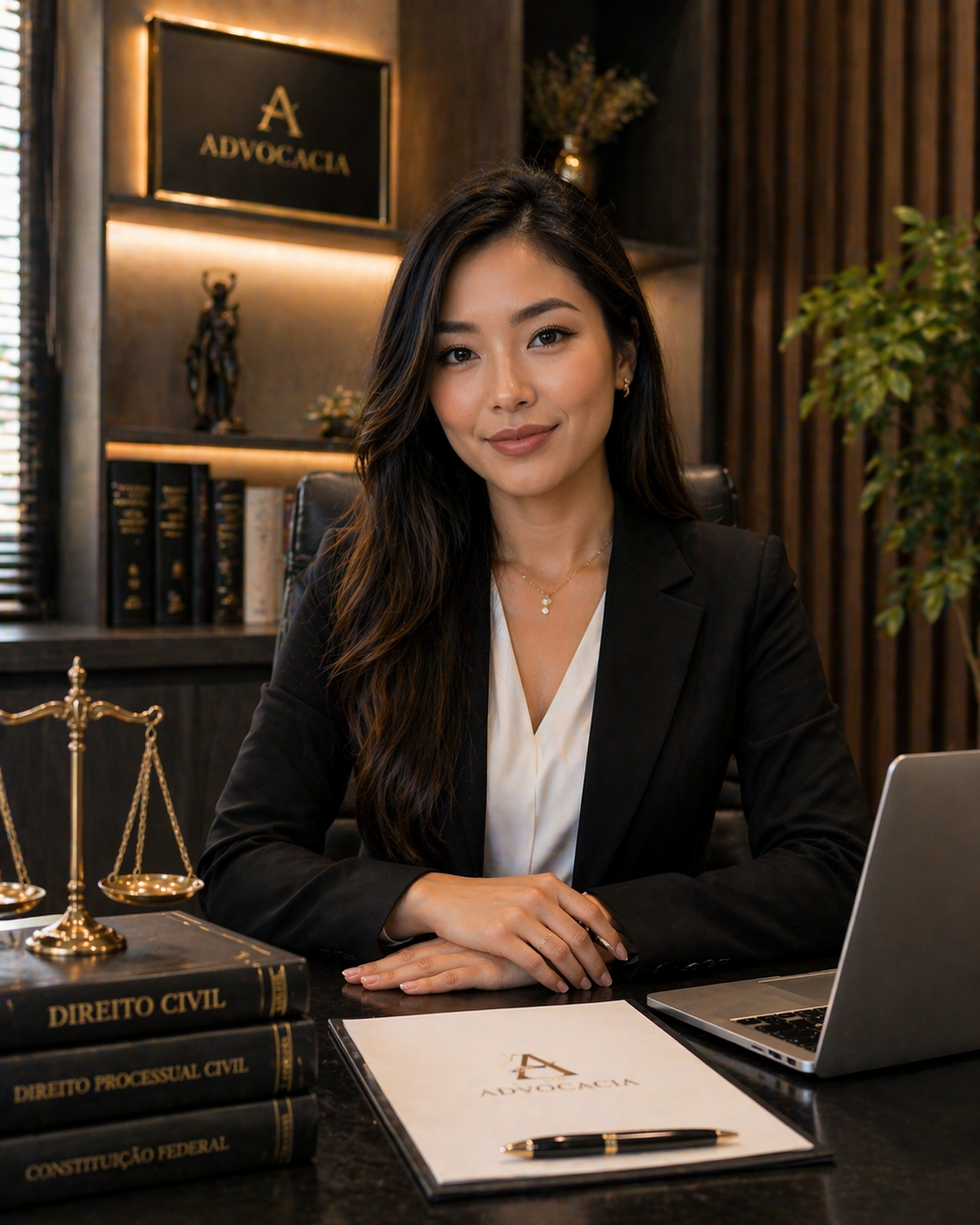Mulher sorridente vestida de preto e branco, sentado em uma mesa de escritório com livros de direito, uma balança de justiça, um laptop e um caderno com o logo "Advocacia" ao fundo.