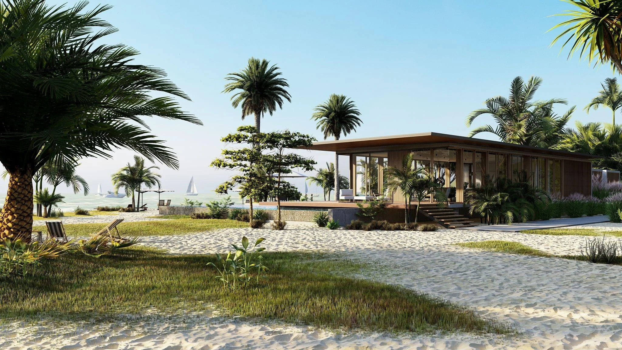 Casa à beira-mar cercada por palmeiras, com areia e grama na frente, e veleiros navegando ao fundo.