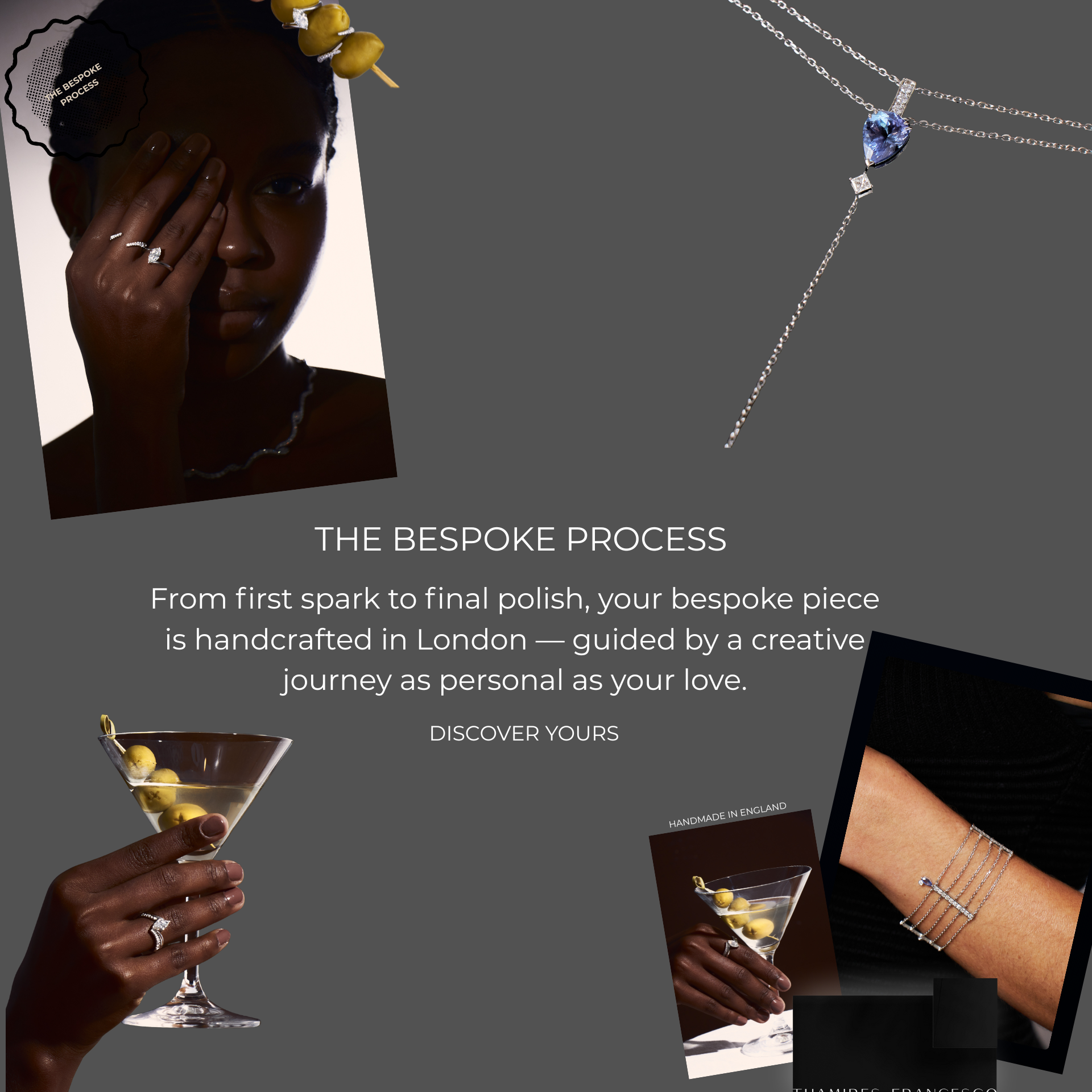 Imagem de uma mulher com joias de prata, incluindo anel, colar, e pulseiras, na parte superior esquerda. Ao lado, uma foto de um colar com pedra azul. Na parte inferior esquerda, uma mão com anel segura uma taça de martini com azeitonas. Há também uma foto de uma mulher com pulseiras e uma imagem menor de uma mulher com uma taça e joias na parte inferior direita.