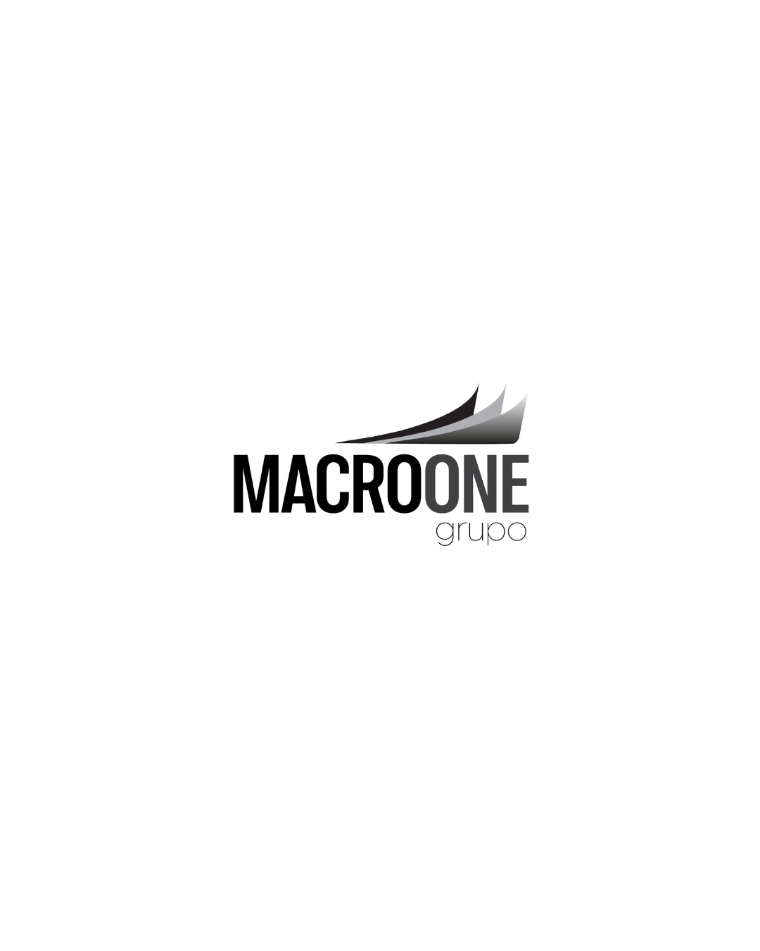 Logo do grupo MACRO ONE, em tons de preto e cinza, com uma figura estilizada em formato de pássaros ou asas acima do nome.