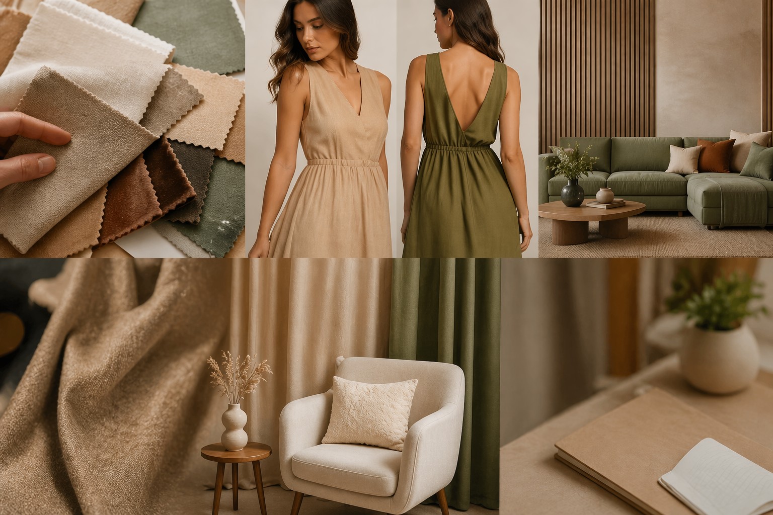 Paleta de cores em tons neutros, mostruários de roupas femininas em tecido, sala de estar com sofá verde, almofadas, mesa de centro, decoração com vasos, cadeira de leitura com almofada e cortinas em tons coordenados.