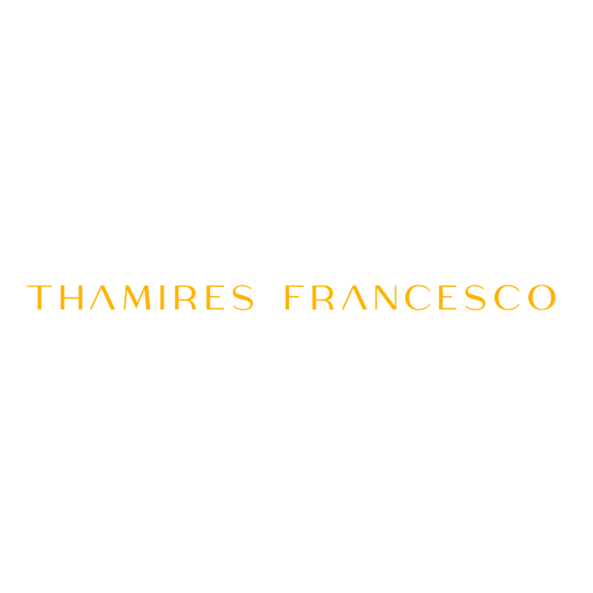 Texto com o nome "Thamires Francisco" em letras amarelas e laranja sobre fundo preto.