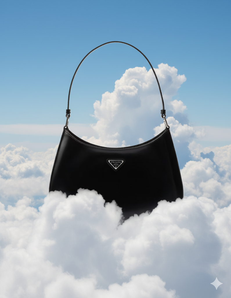 Bolsa preta de moda aparentemente flutuando entre nuvens no céu.