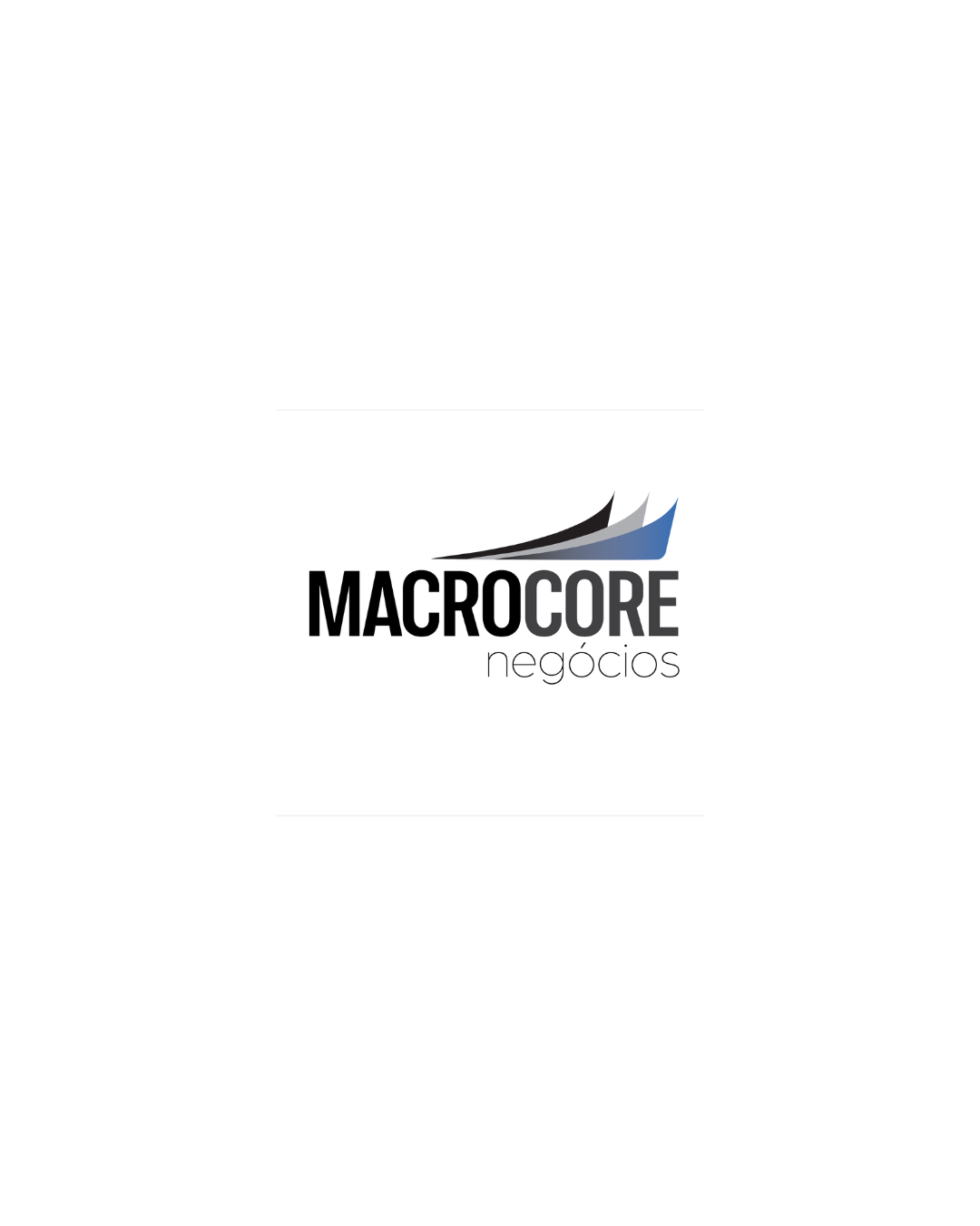 Logo da empresa Macrocore Negócios com símbolo de gráficos ascendentes em preto, cinza, branco e azul.