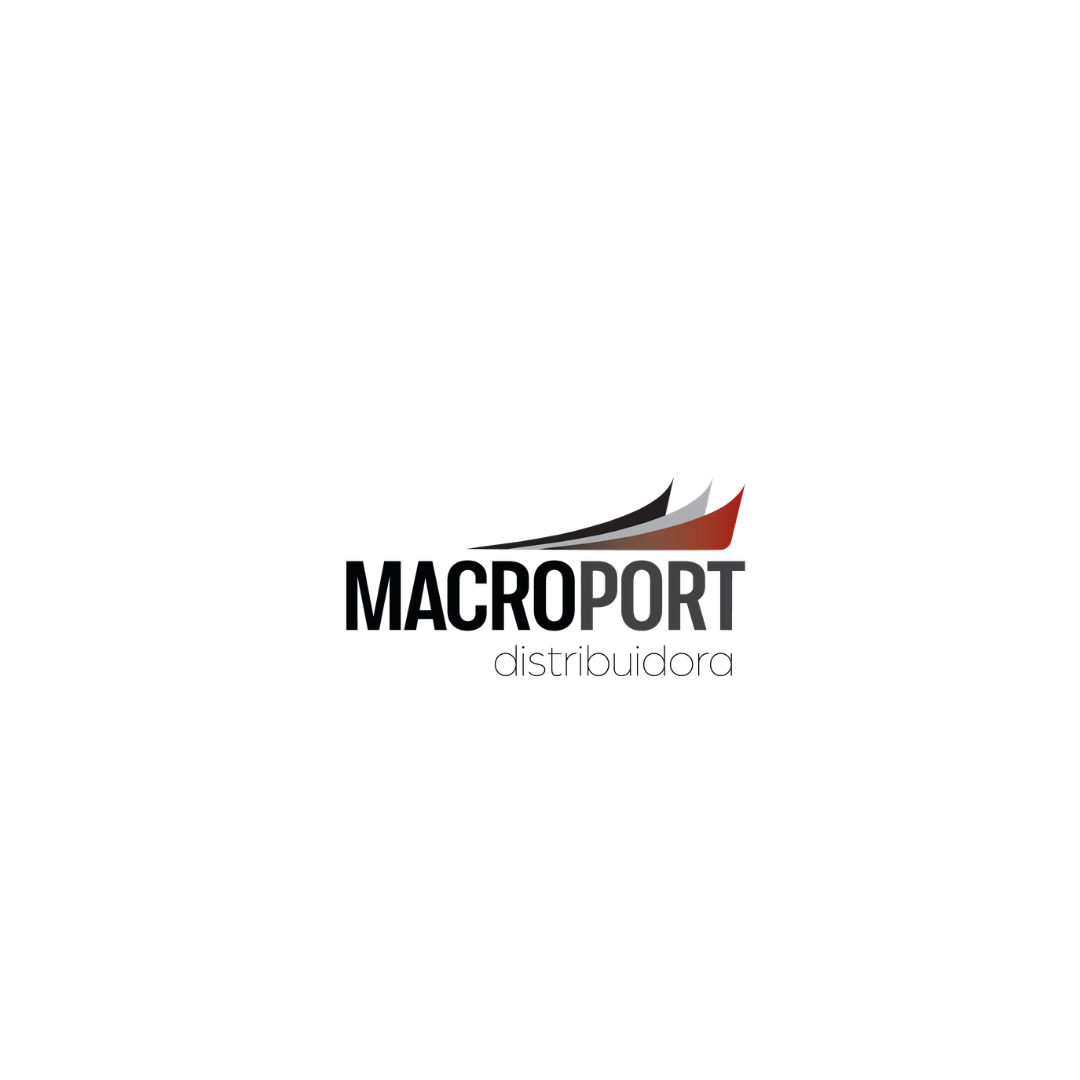 Logotipo da macroport com desenho de três linhas curvas em tons de cinza, branco e vermelho