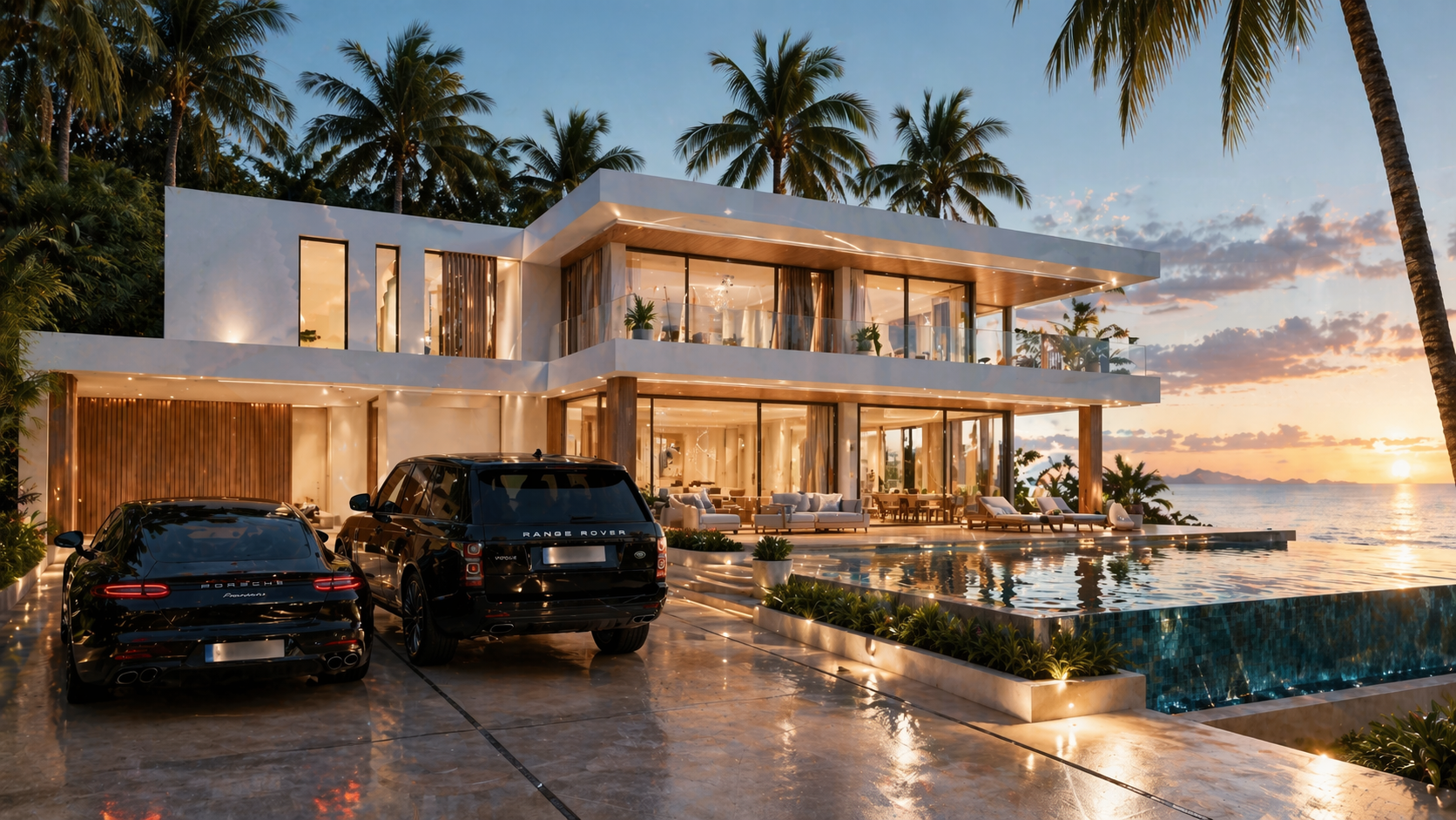 Casa moderna à beira-mar ao pôr do sol, com duas plantas de carros esportivos Porsche e Range Rover no estacionamento, piscina de frente para o oceano, áreas de estar externas com sofás e cadeiras, e muitas palmeiras ao redor.